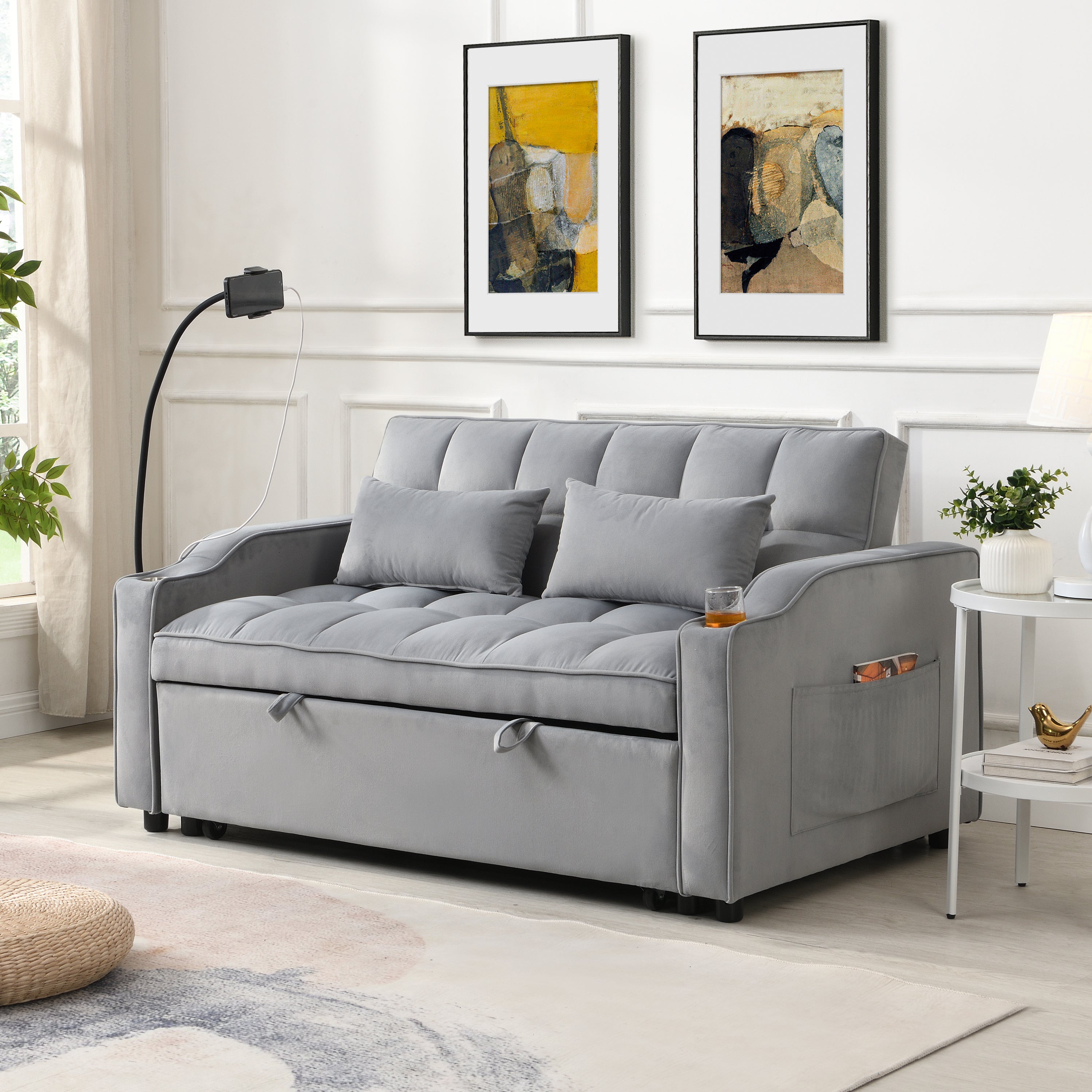Modern Velvet Loveseat Futon Sofa Couch with Pullout Bed