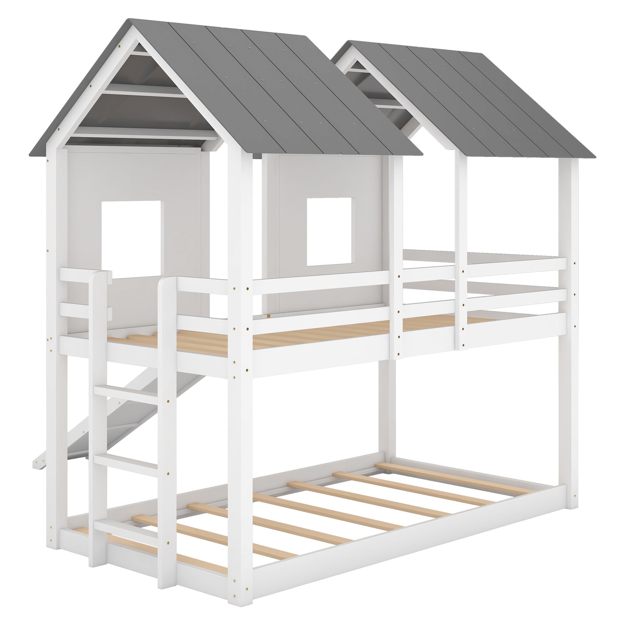 Twin Over Twin House Bunk Bed With Slide And Windows - White / Gray