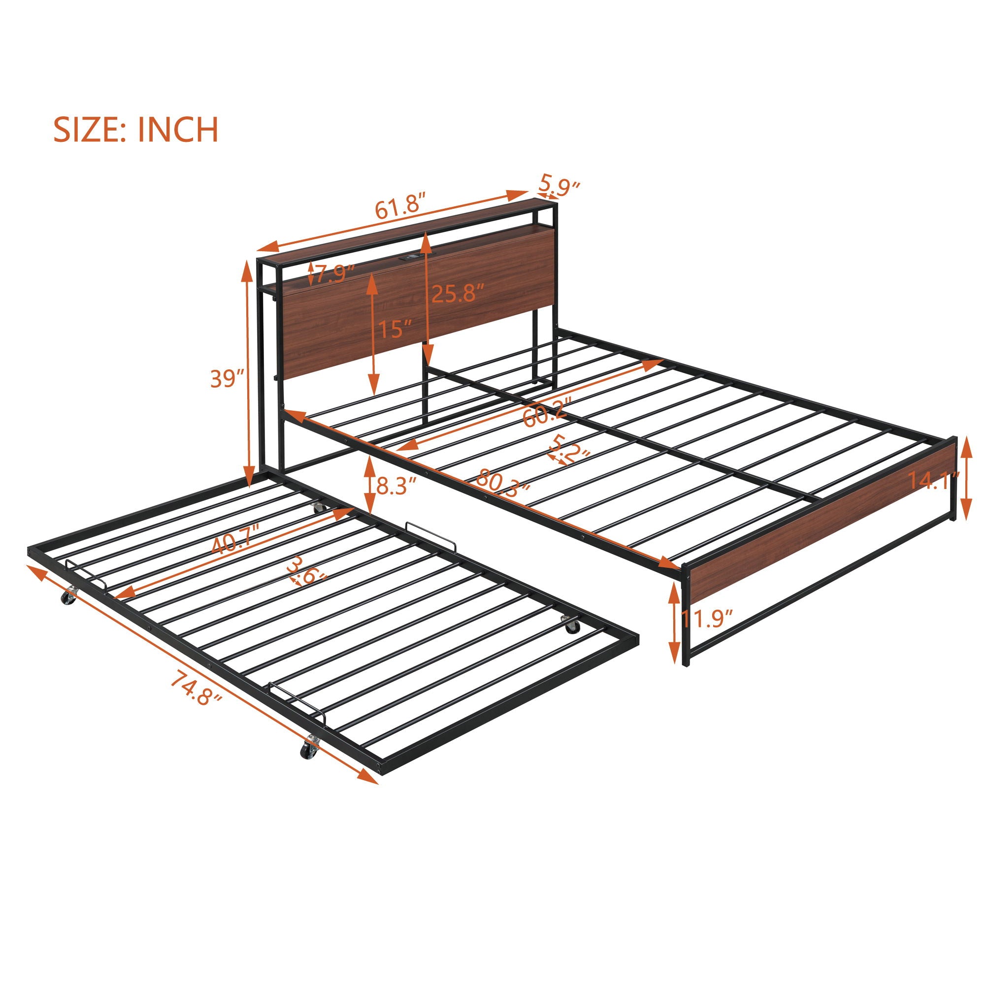Platform Bed Frame With Trundle, USB Ports And Slat Support, No Box Spring Needed