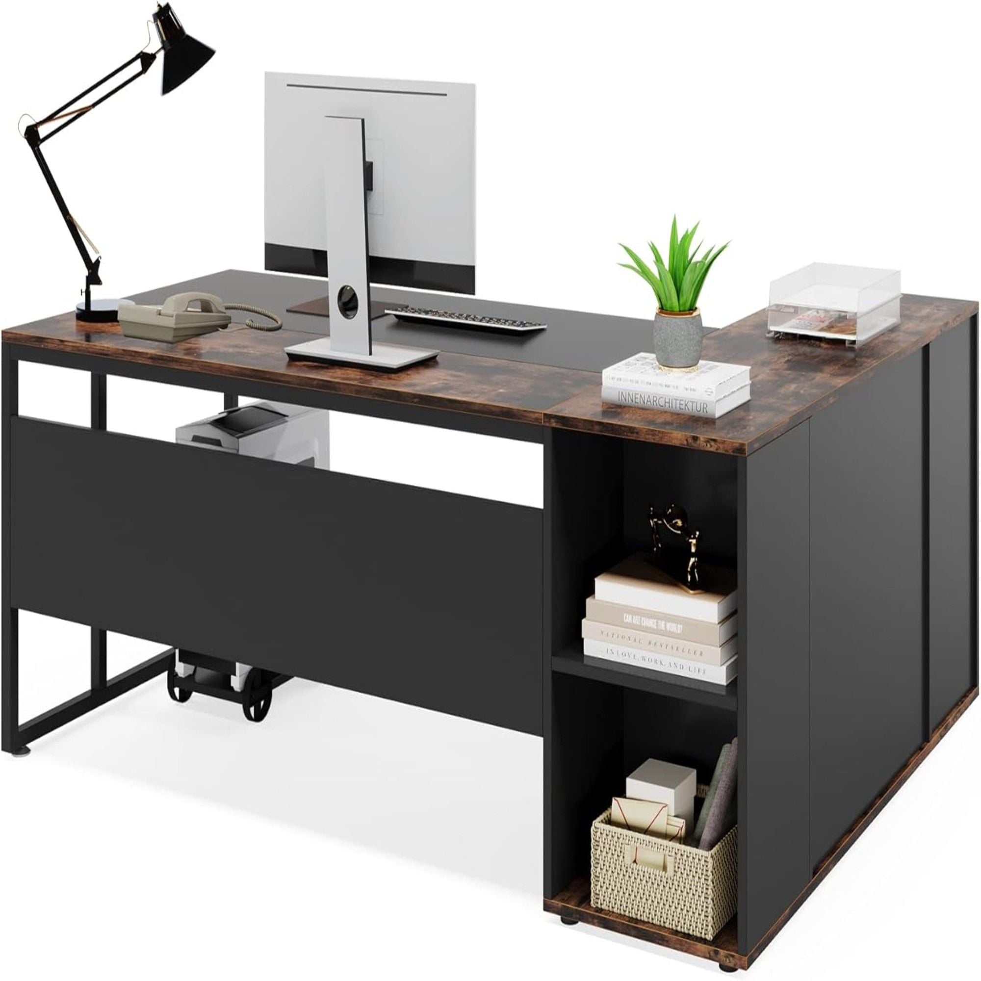 L-Shaped Executive Desk With Storage Cabinet & Shelves, Home Office Workstation With Cpu Stand And Printer Station - Brown / Black