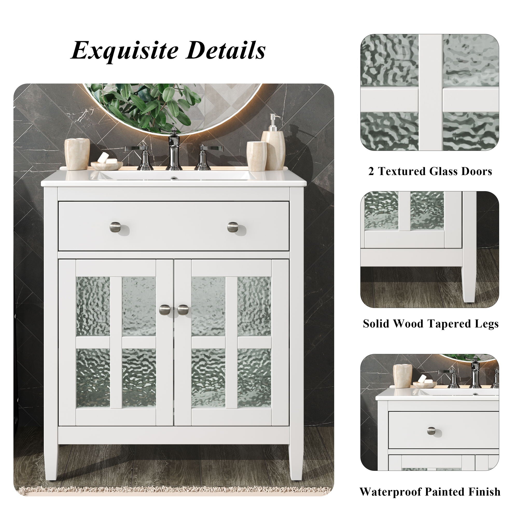 Bathroom Vanity With Ceramic Sink, Adjustable Shelf & Tip Out Tray