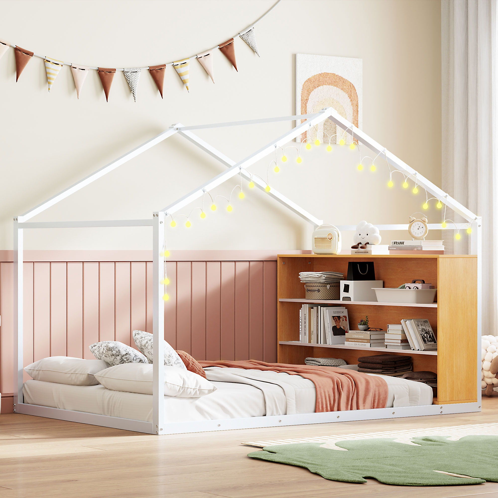Bed House Frame With Shelves And Lights
