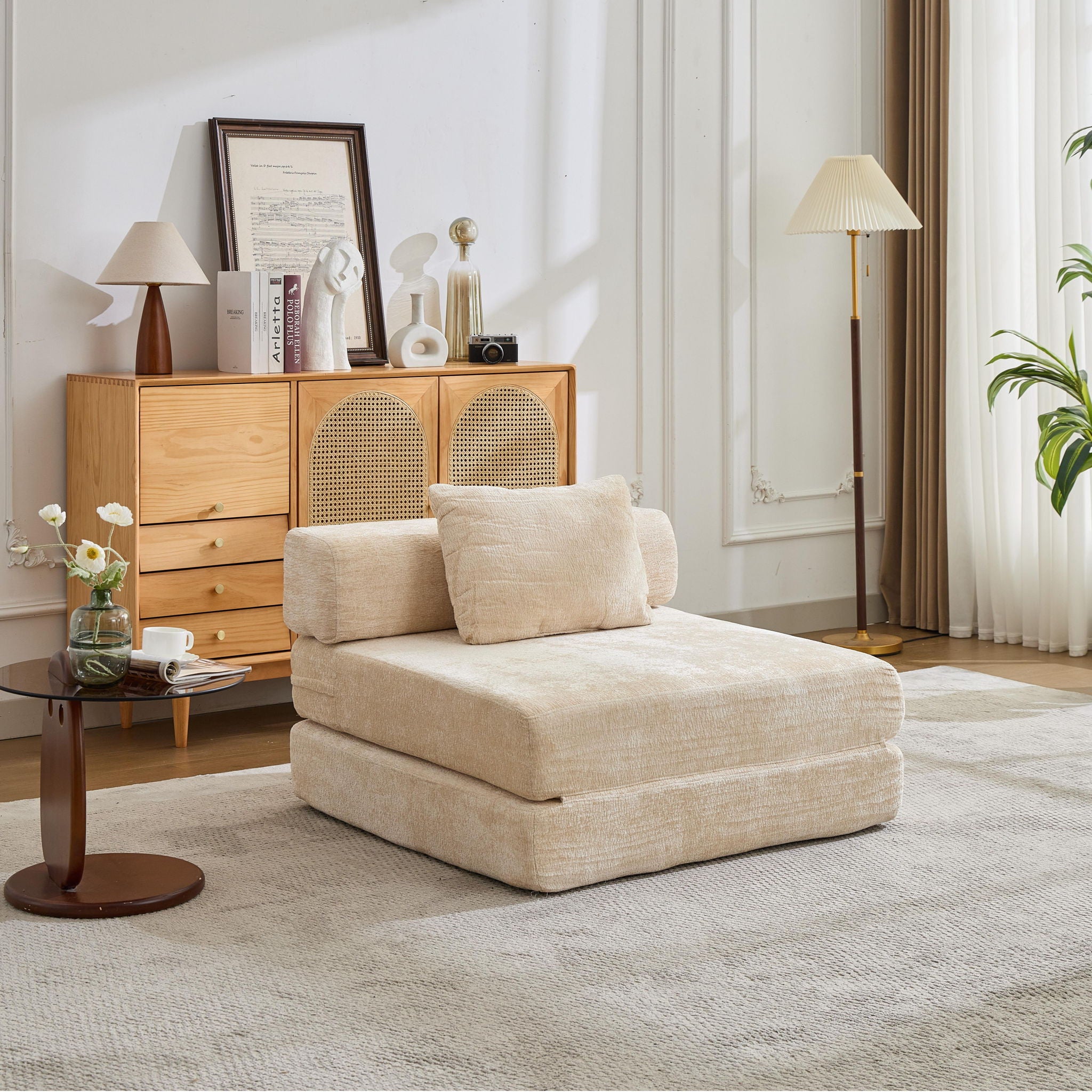 Convertible Floor Sofa Bed With Fixed Shape Frame For Living Room - Beige