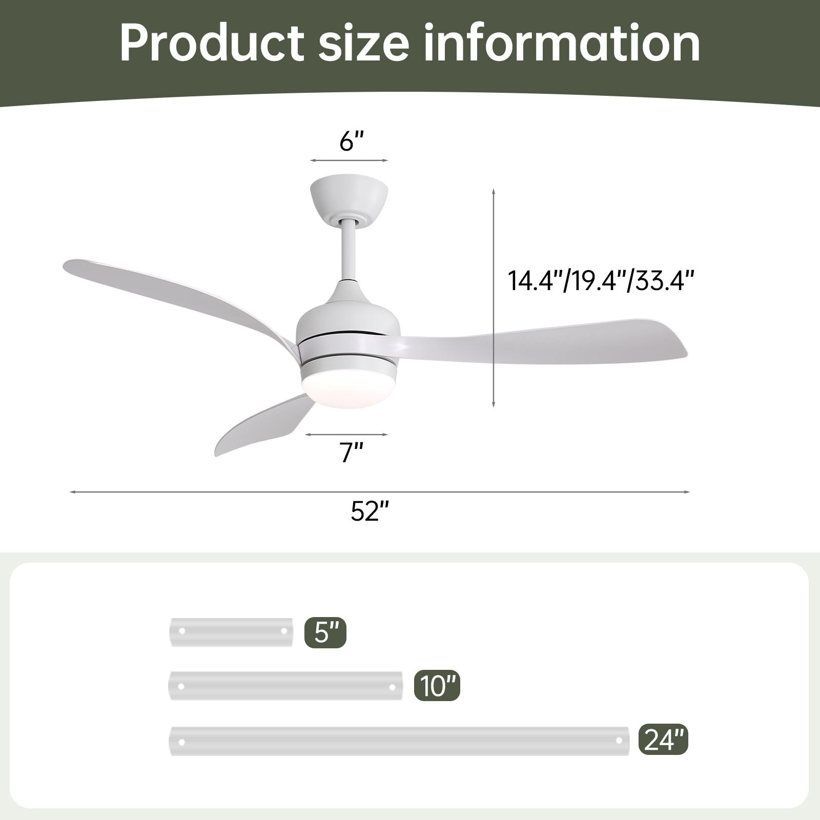 Ceiling Fan With 3 Blades, Remote Control, Reversible DC Motor, Noiseless Operation, 3 Downrods