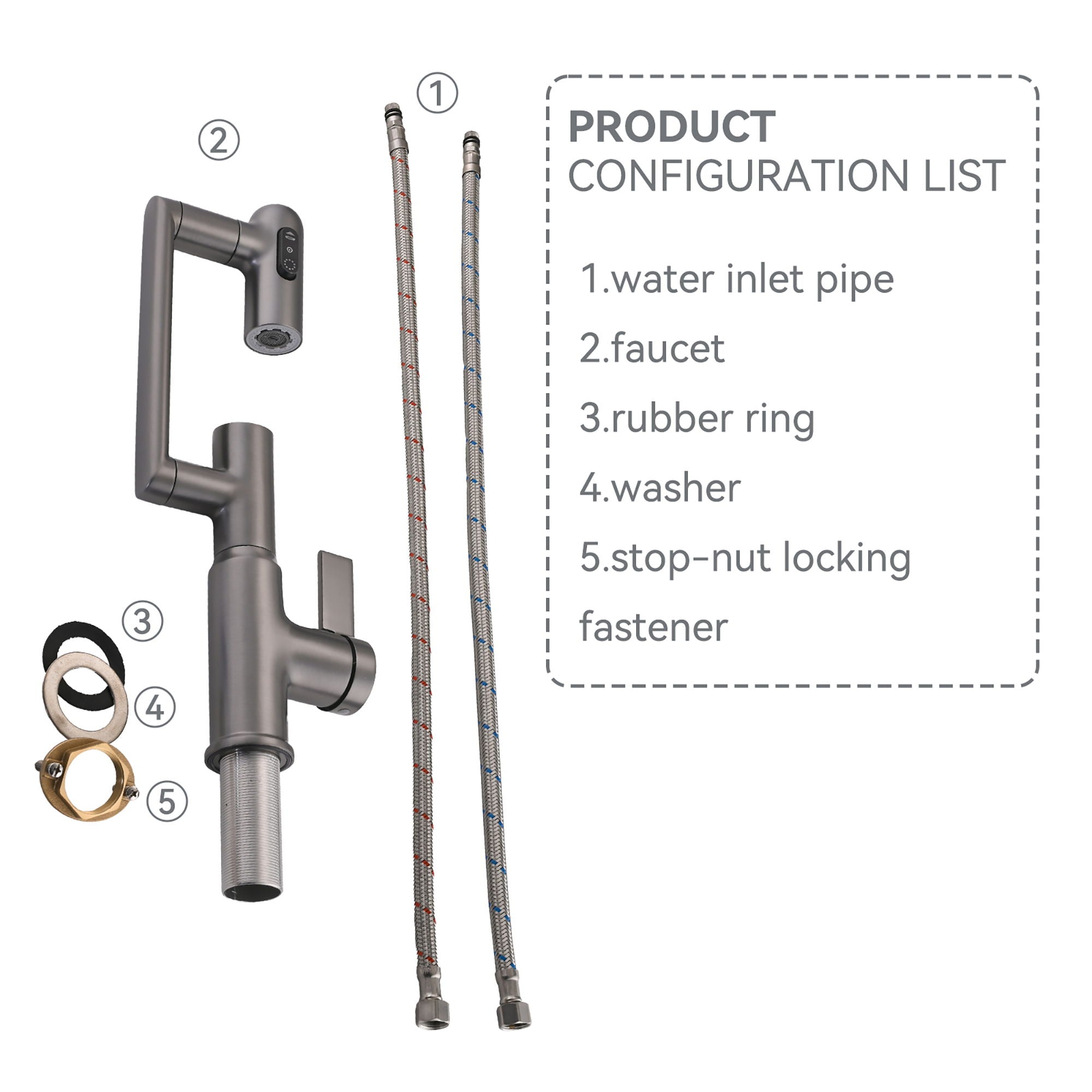 Bathroom Sink Faucet With Spray Function, Temperature Display, Anti Skid Switch, Hot & Cold, 360 Degree Rotary, Brass - Gun Gray