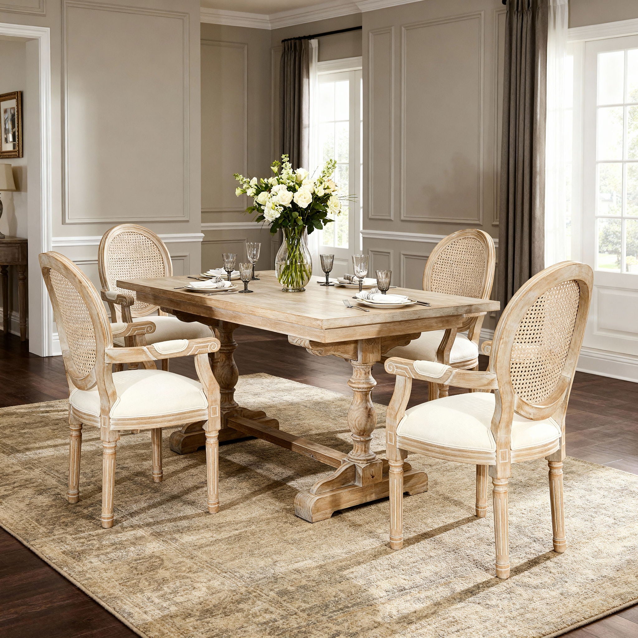 French Vintage Upholstered Fabric Dining Armchair (Set of 2) - Beige