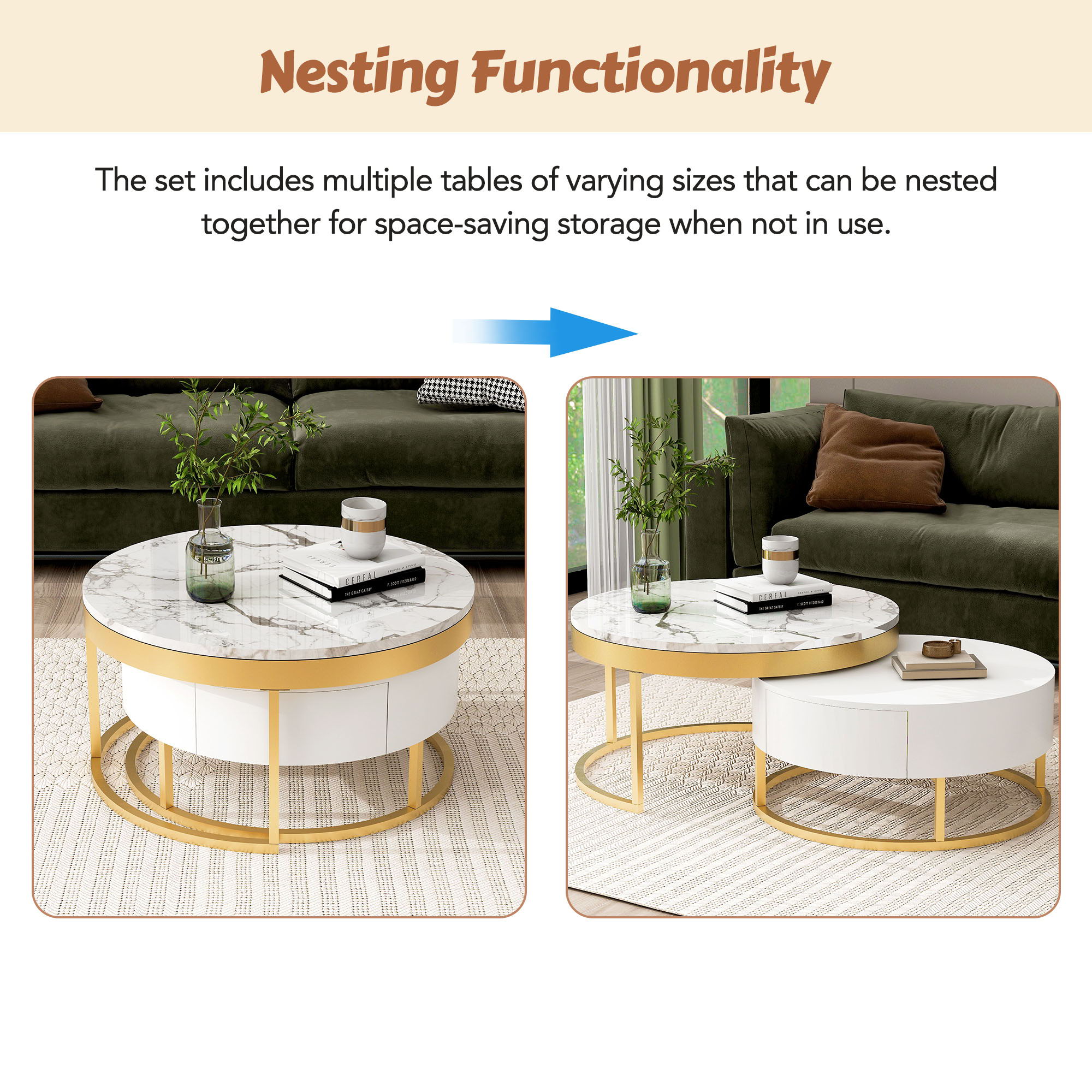 Round Nesting Coffee Table With Drawers - Golden / White