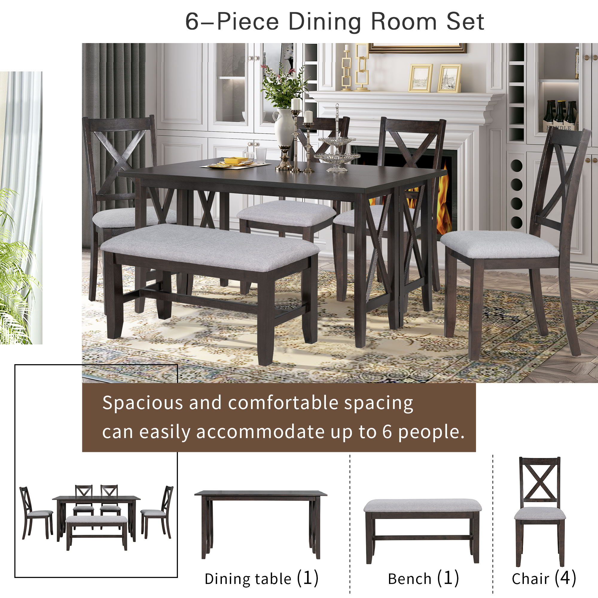 6 Piece Family Dining Room Set, Space Saving Foldable Table And 4 Chairs With Bench