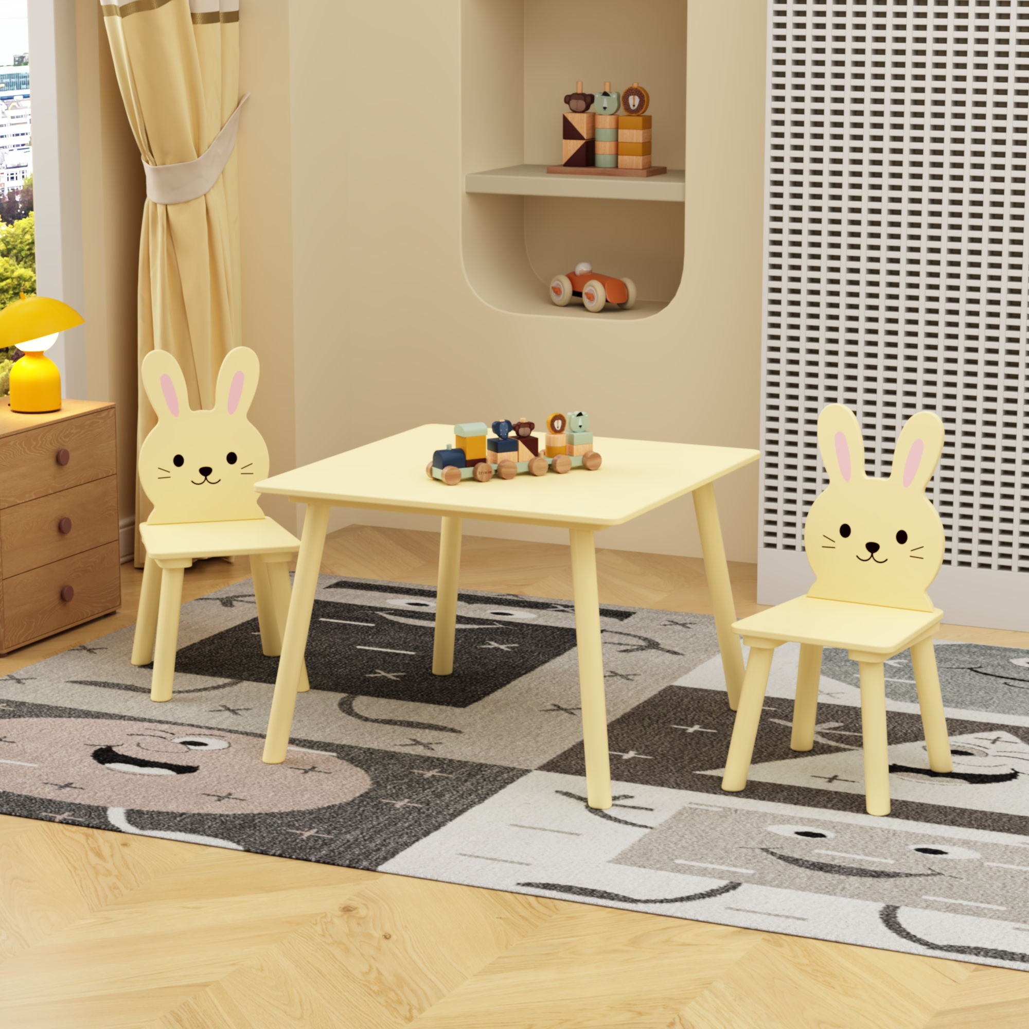 Table And Chair Set With 2 Bunny Chairs, Children's Activity Table For Toddlers, Cute Animal Design - Yellow