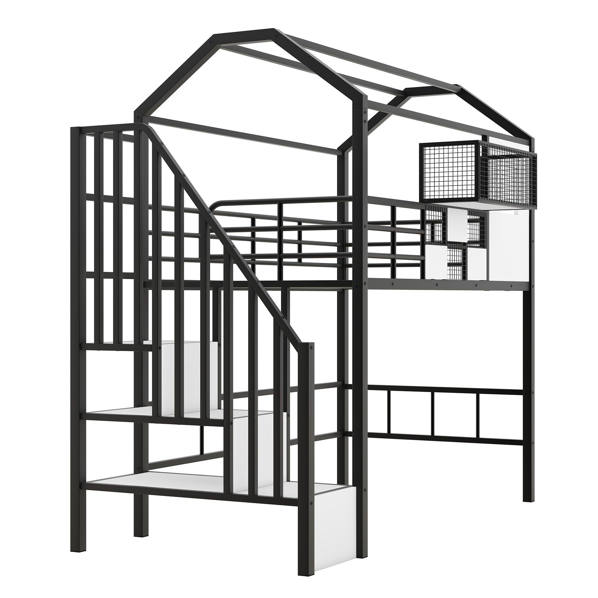 Metal Loft Bed With Roof Design And Storage Box With Guardrails And Integrated Ladder