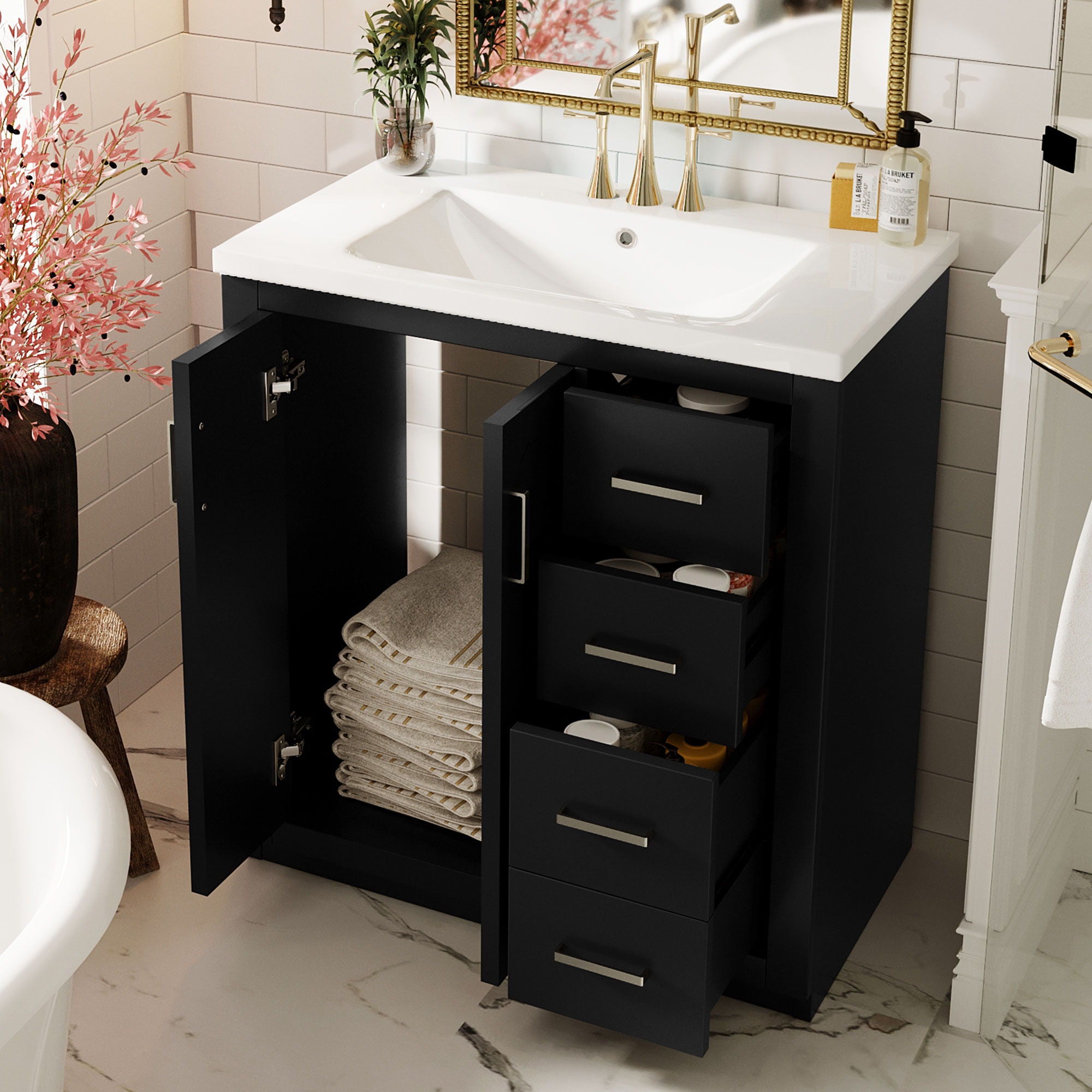 Bathroom Vanity With Sink, Storage Cabinet, Freestanding Set With 3 Drawers & Soft Closing Doors