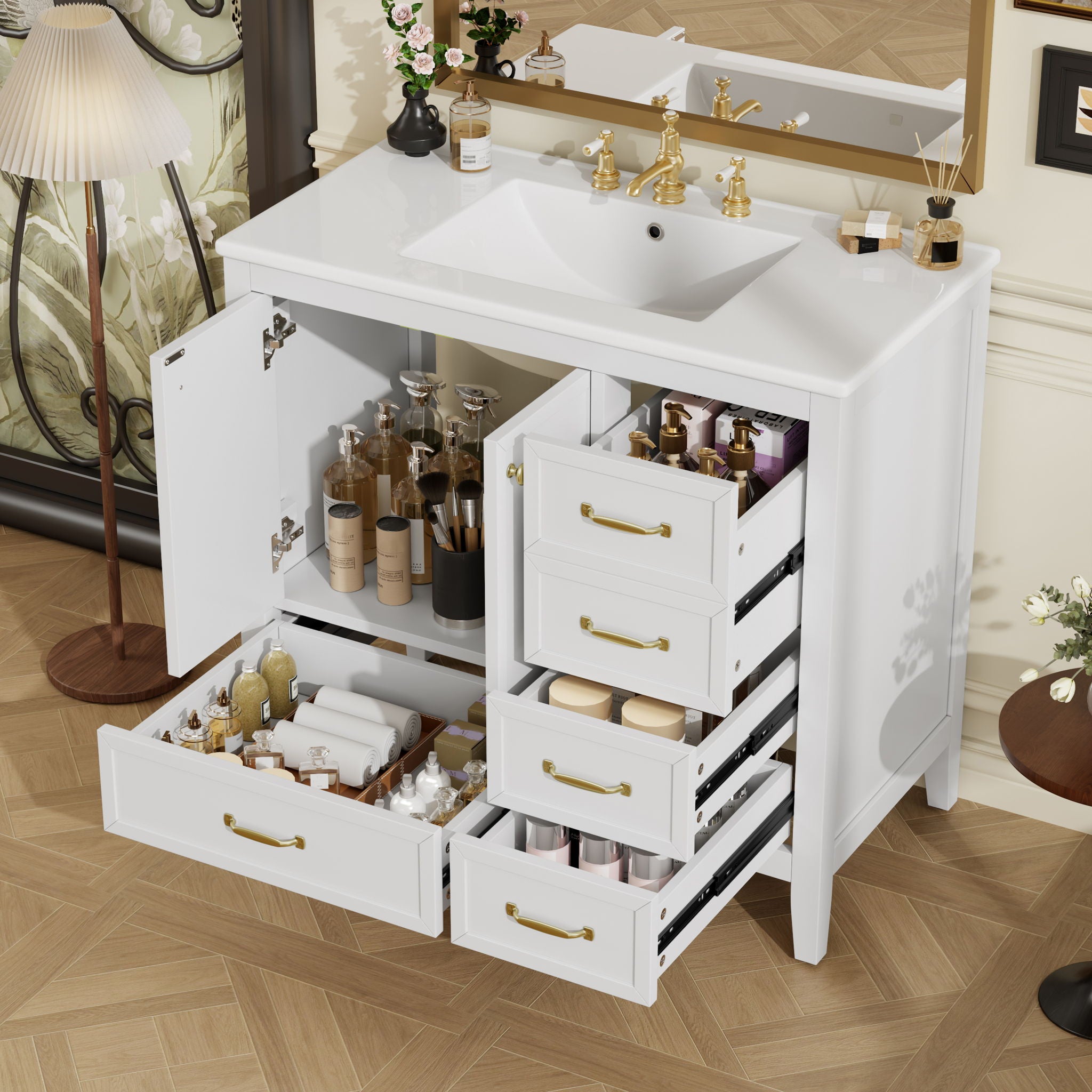 Elegant Vintage Bathroom Vanity With Sink And Soft Closing Door, 4 Drawers Of Different Sizes Frame