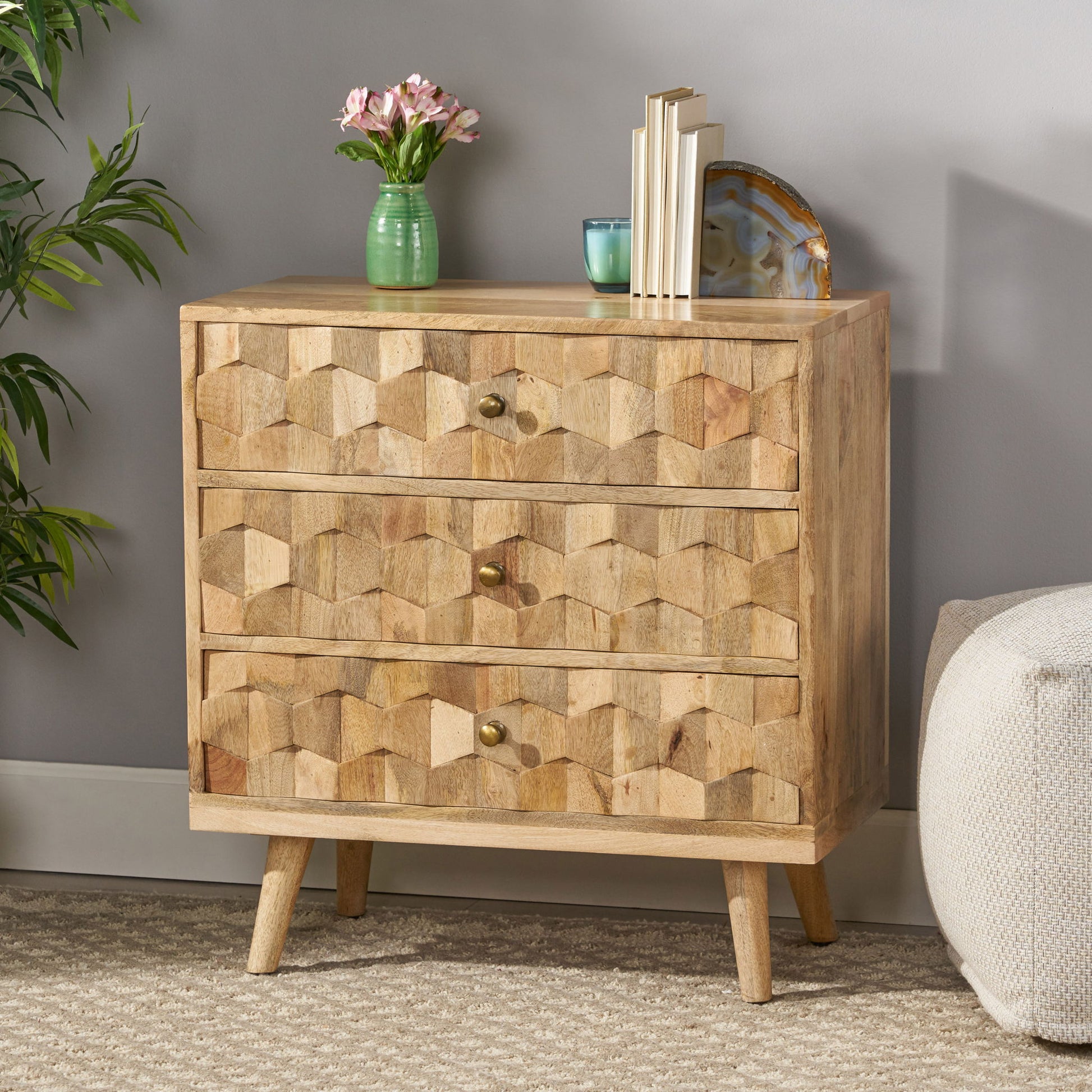 Mid Century Modern Mango Wood 3 Drawer Chest With 3D Tile Weave Design - Natural - Best Buy Furniture