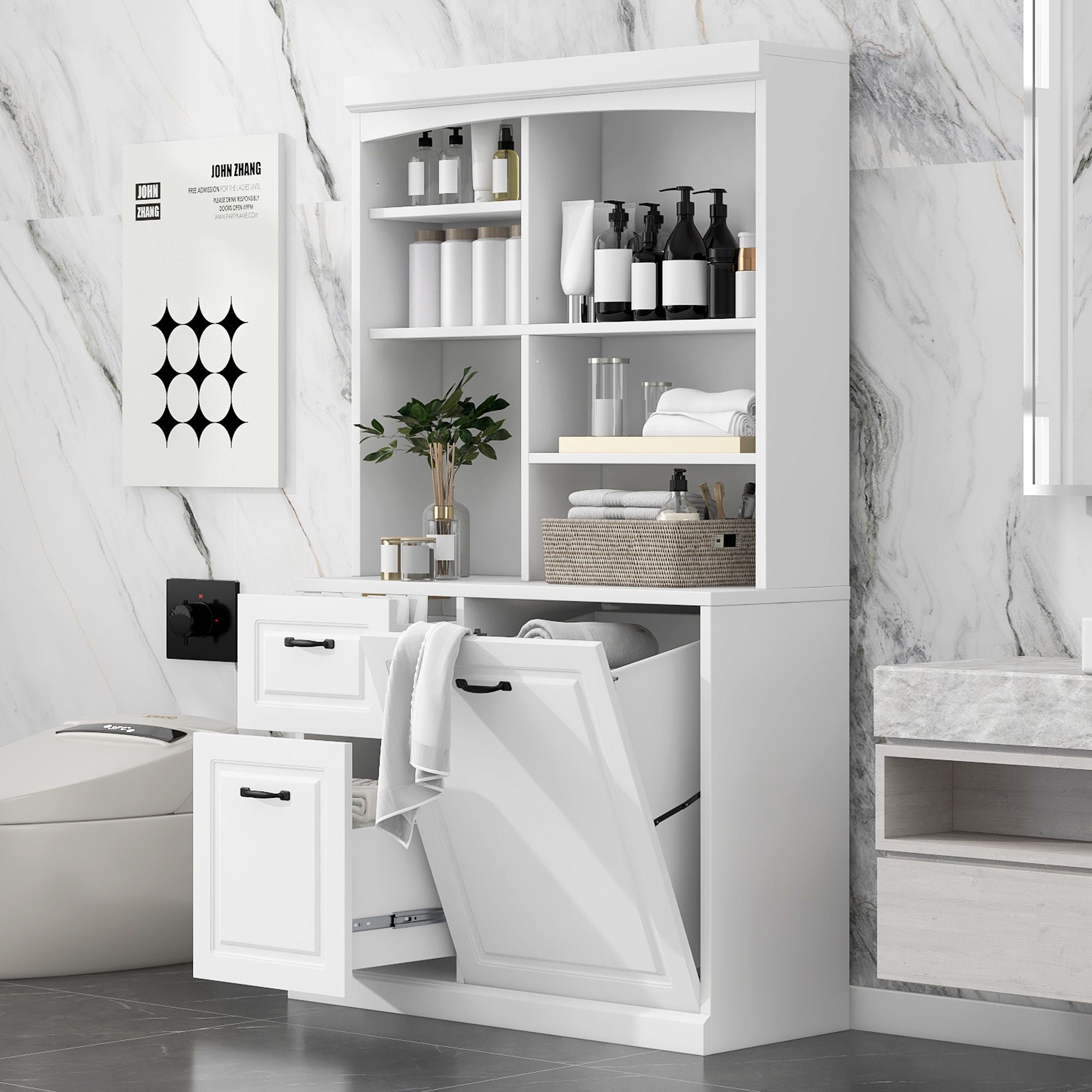 Bathroom Storage Cabinet With Tilt Out Hamper, Tall Free Standing Organizer With Drawers & Adjustable Shelves, Linen Tower With Steel Handles - White