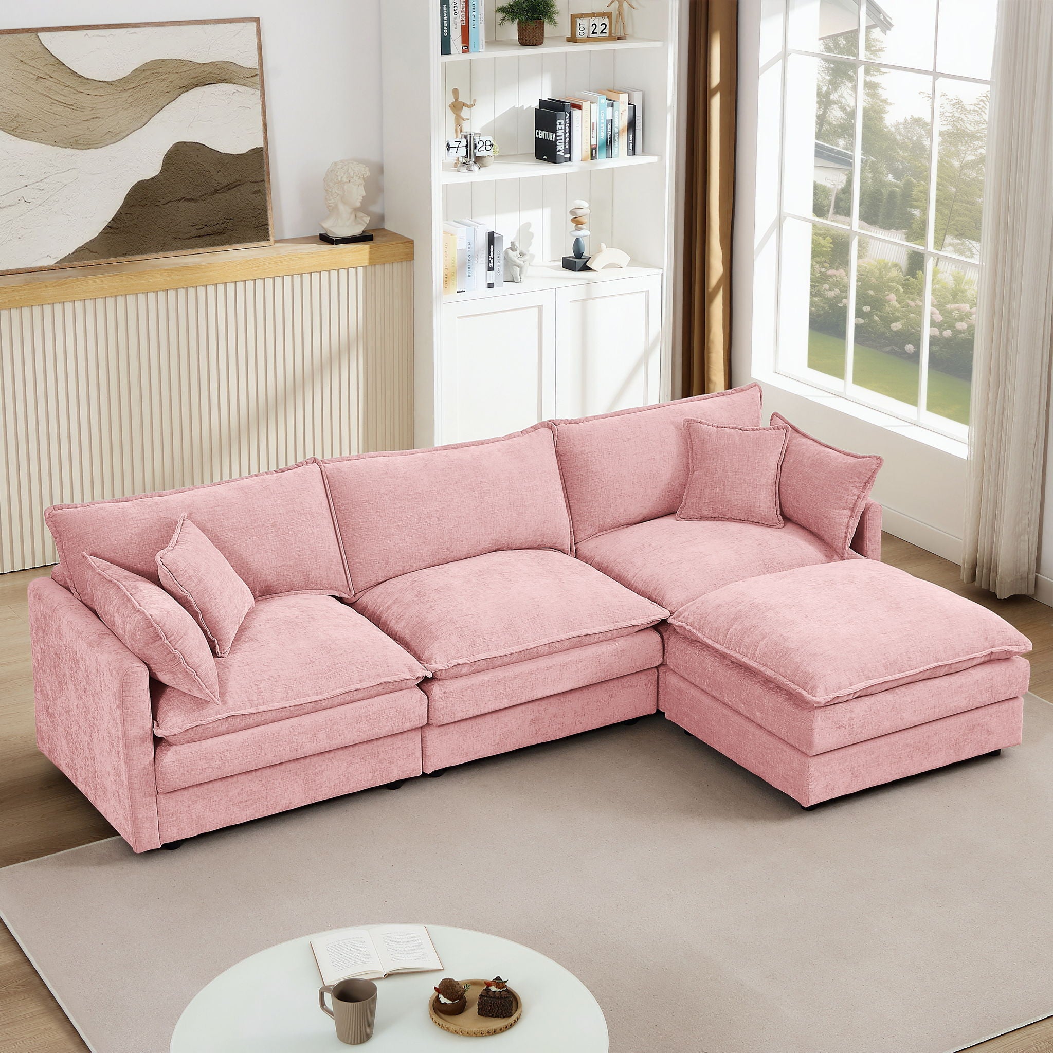 Modular L-Shaped Sectional Sofa Set With Movable Ottoman - Pink