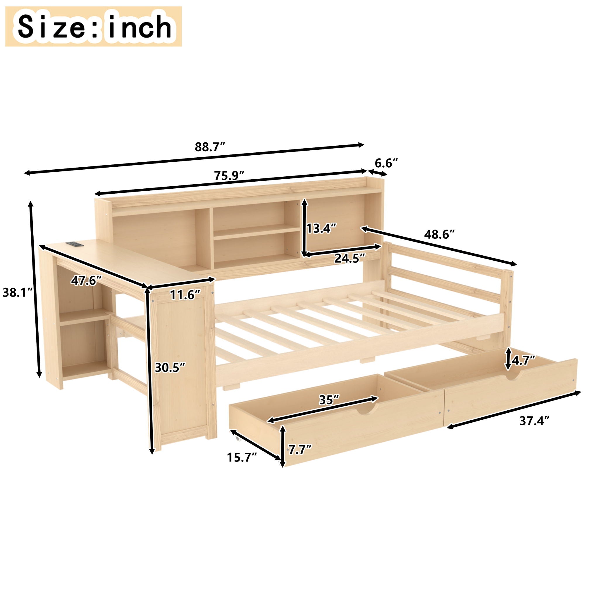 Corner Daybed With Storage Drawers, Desk, Charging Port & Bookcase