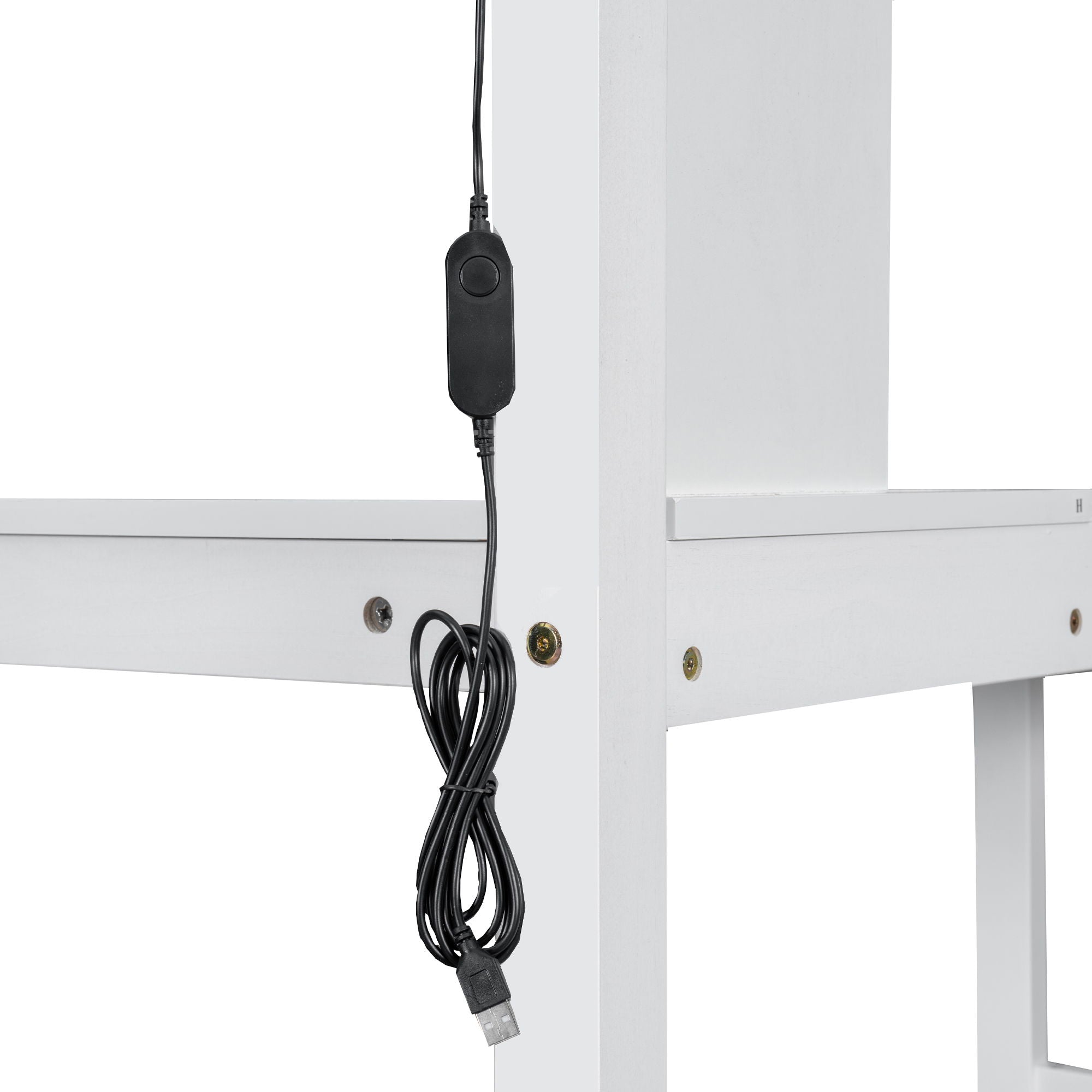 Loft Bed With Built In L Shaped Desk, LED Lights, Storage Shelves, Cabinets, And Staircase