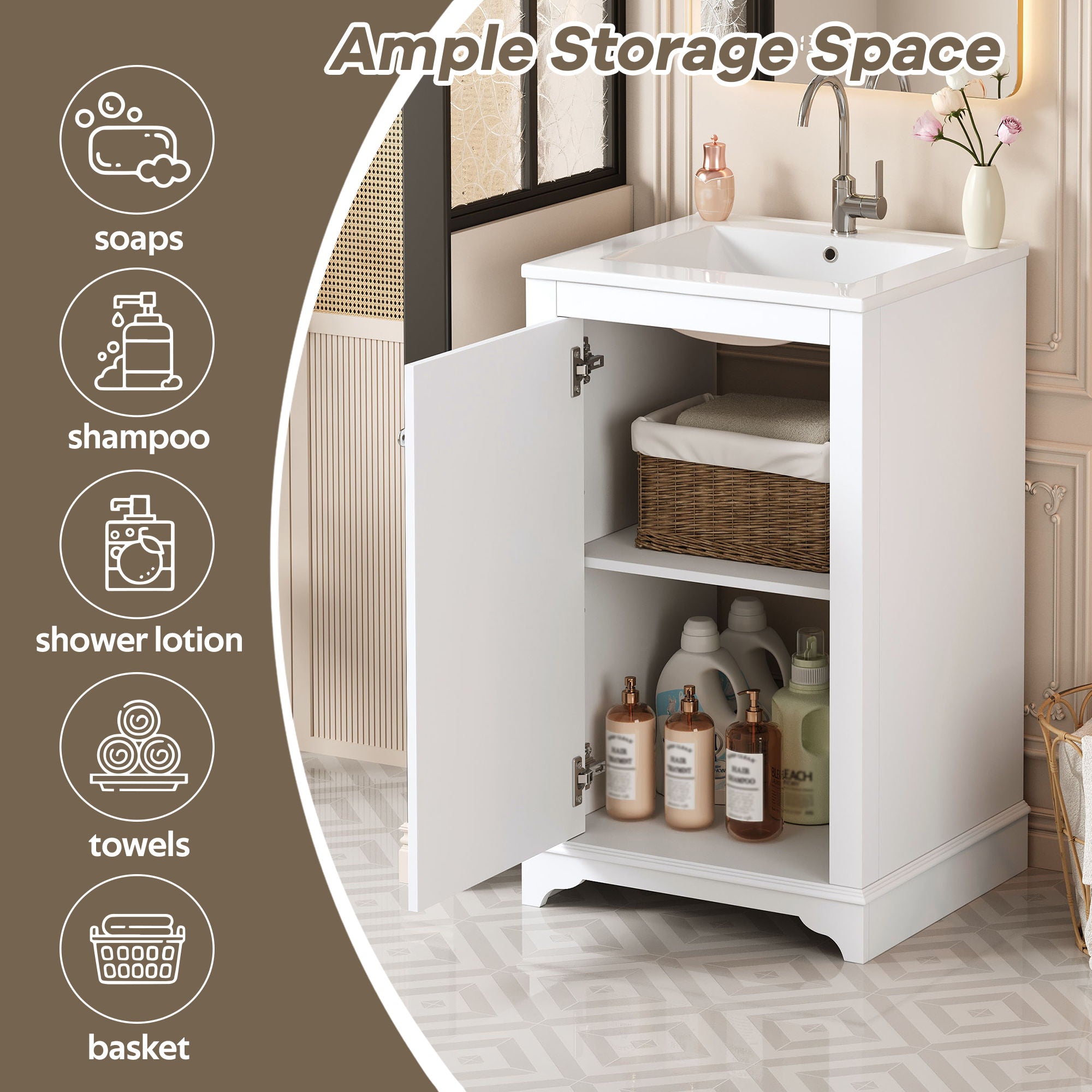 Bathroom Vanity With Sink, Freestanding Single Cabinet Set, Soft Close Door, Adjustable Shelf