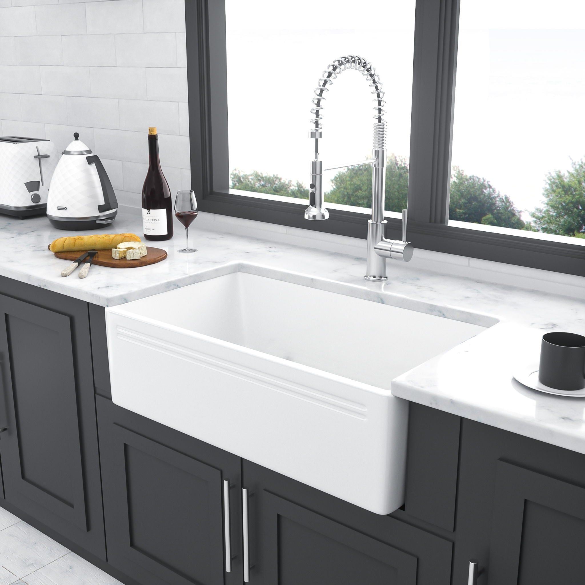 Sink 30" Apron Front Reversible Single Bowl Kitchen Sink With Grid And Strainer - White