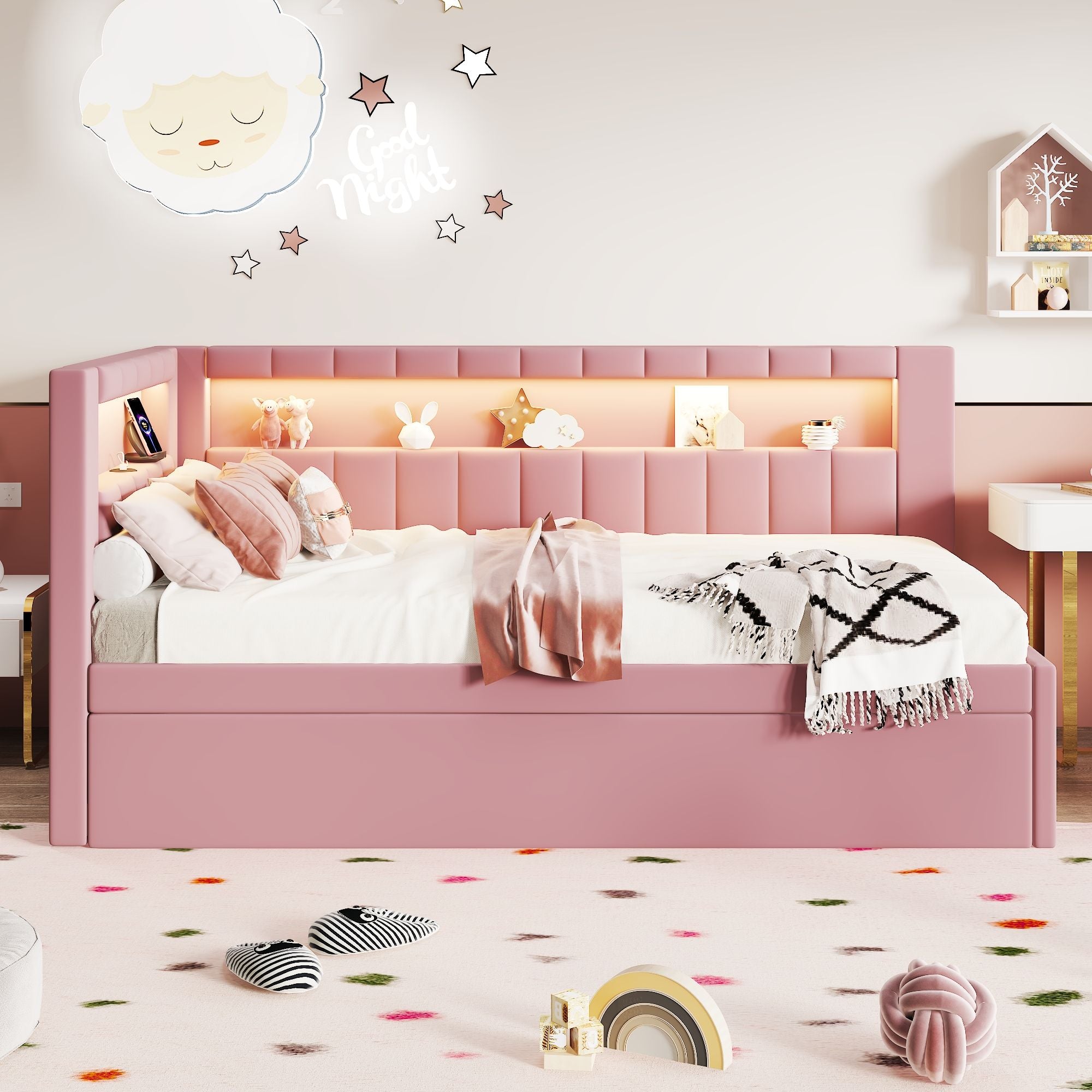 Upholstered Platform Bed With USB Ports And LED Belt