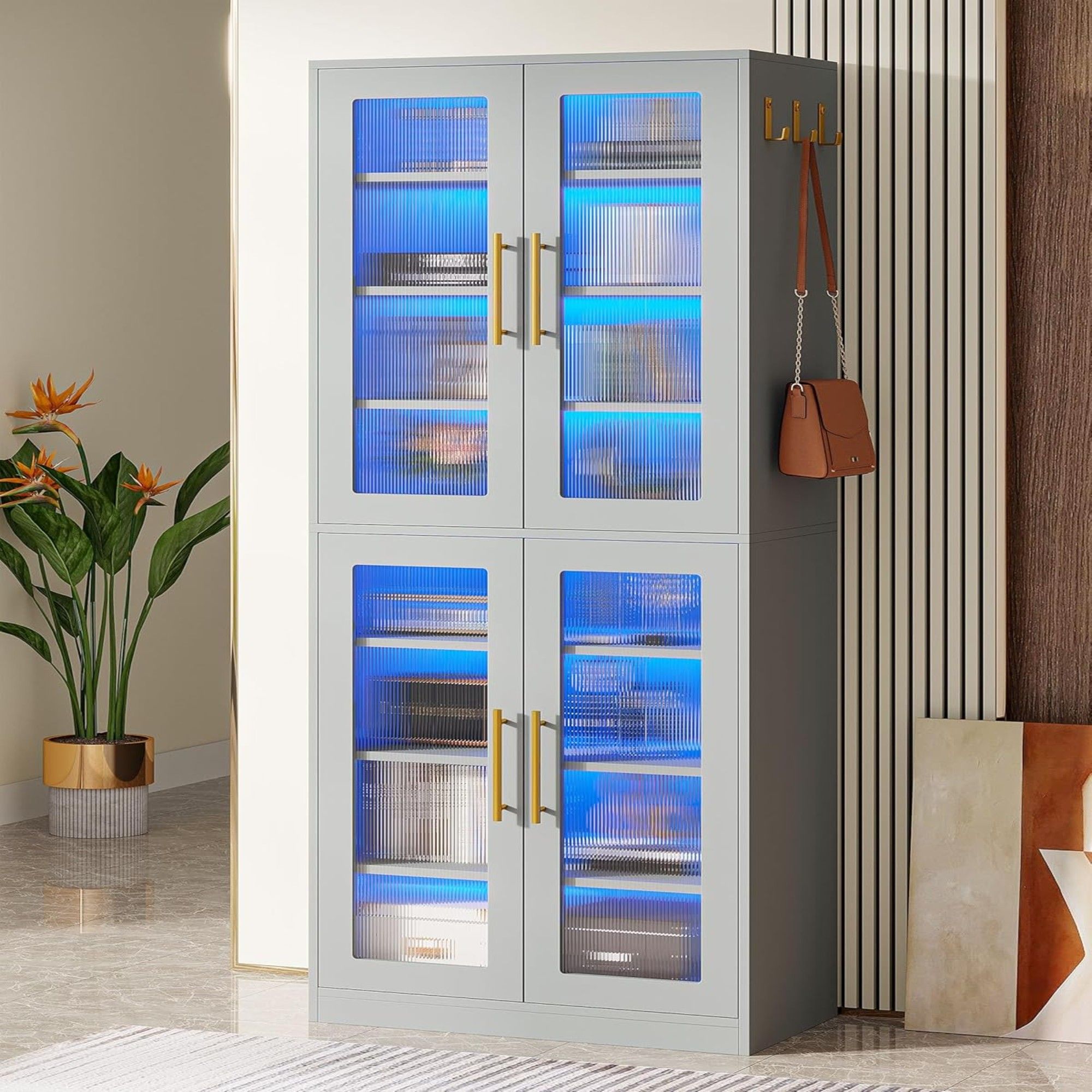 Bookcase With Doors And LED Lighting, 8 Adjustable Shelves Storage Cabinet