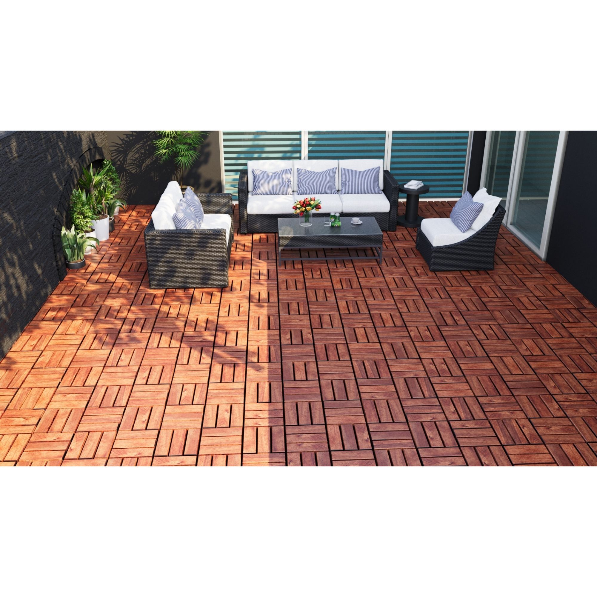 Acacia Wood Interlocking Deck Tiles Checker Pattern For Outdoor Flooring