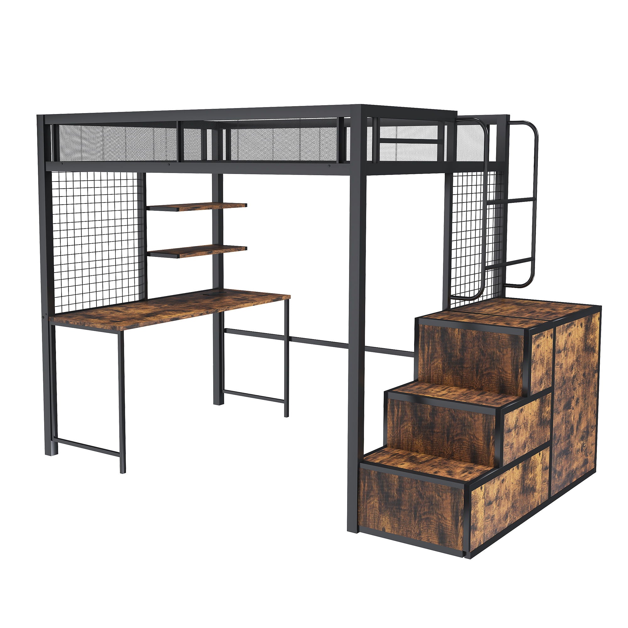 Heavy Duty Full Loft Bed With Desk & USB Charging Metal Frame With Storage Drawers And Staircase - Black