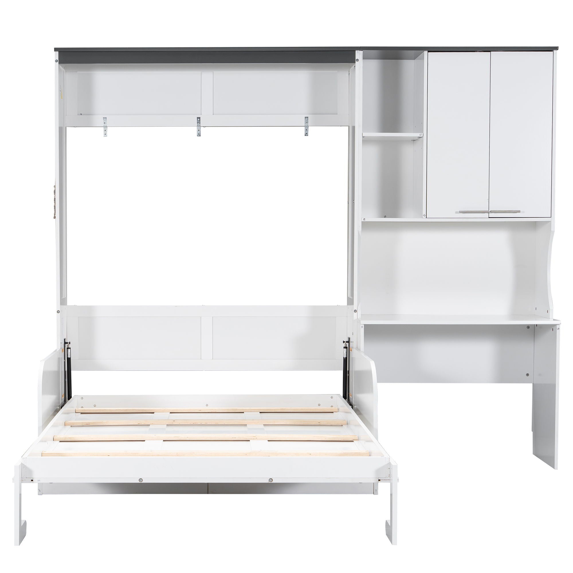 Multi Functional Murphy Bed With Sofa, Desk, And Storage Cabinet In, Full Size - White