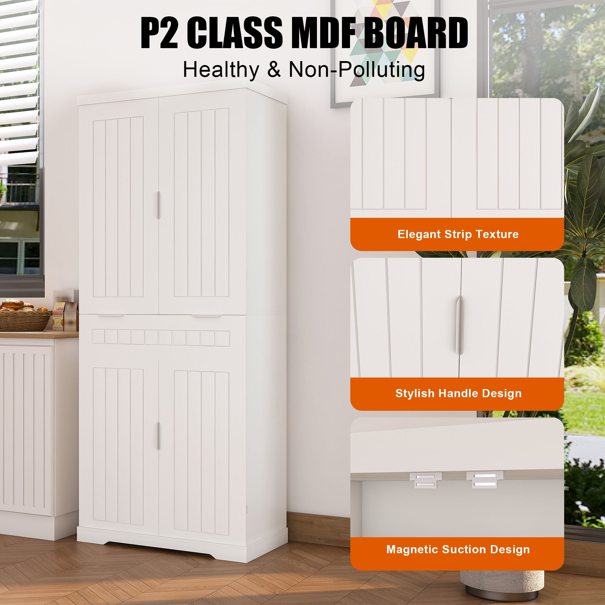 Farmhouse Style Pantry Cabinet With Drawer 2 Cabinets & 6 Door Shelves Adjustable Shelves Freestanding Cupboard - White