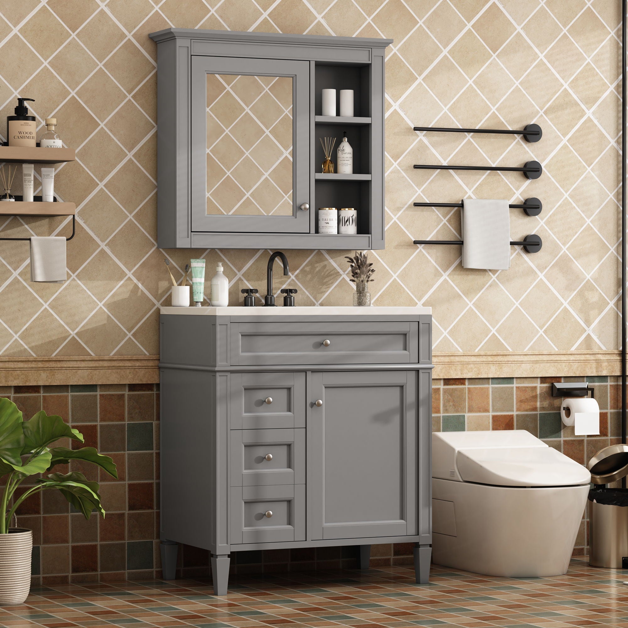 Bathroom Vanity With Medicine Cabinet, Royal Blue Mirror Cabinet, Modern Bathroom Storage Cabinet With 2 Soft Closing Doors And 4 Drawers