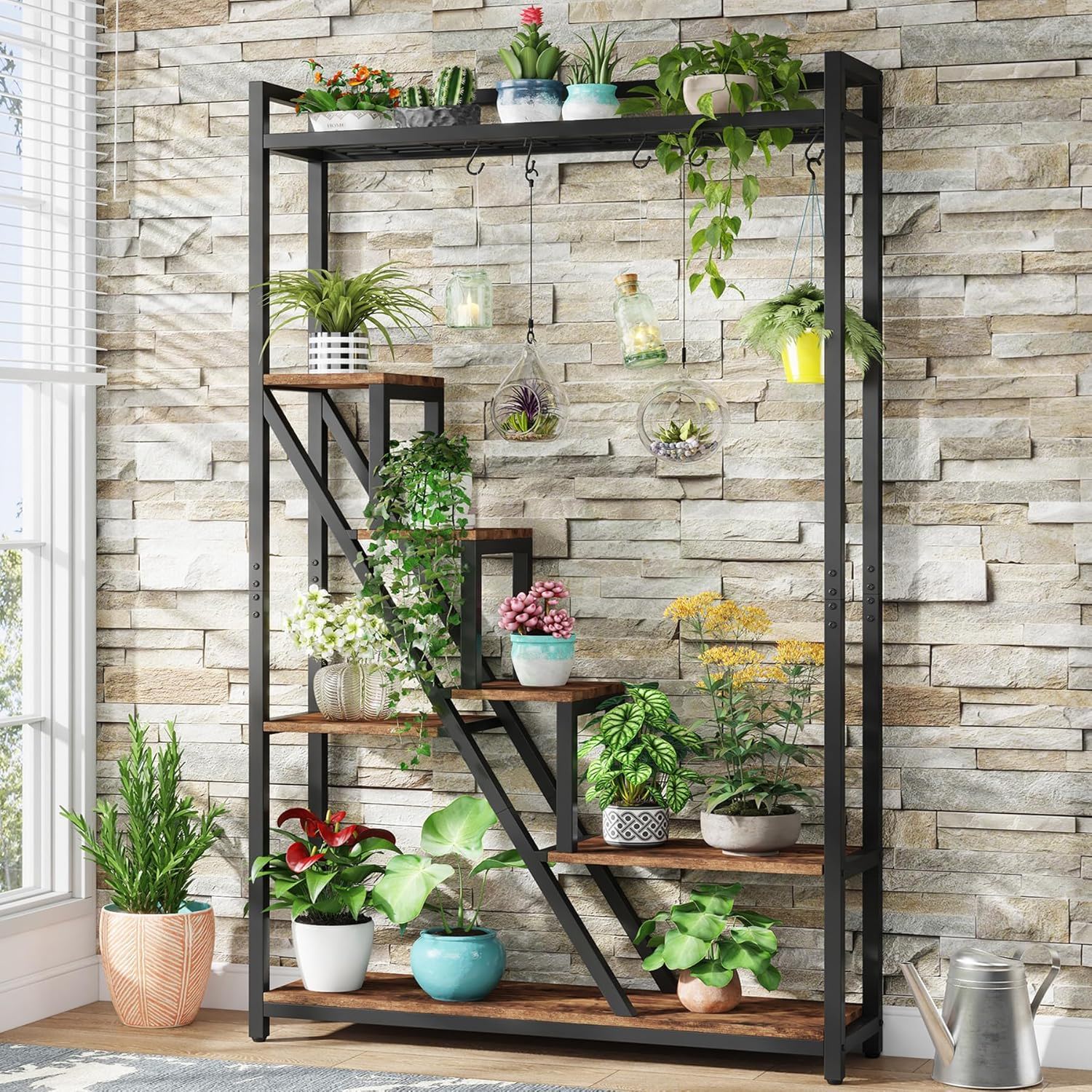 7 Tier Indoor Plant Stand With 5 S-Hooks - Brown / Black