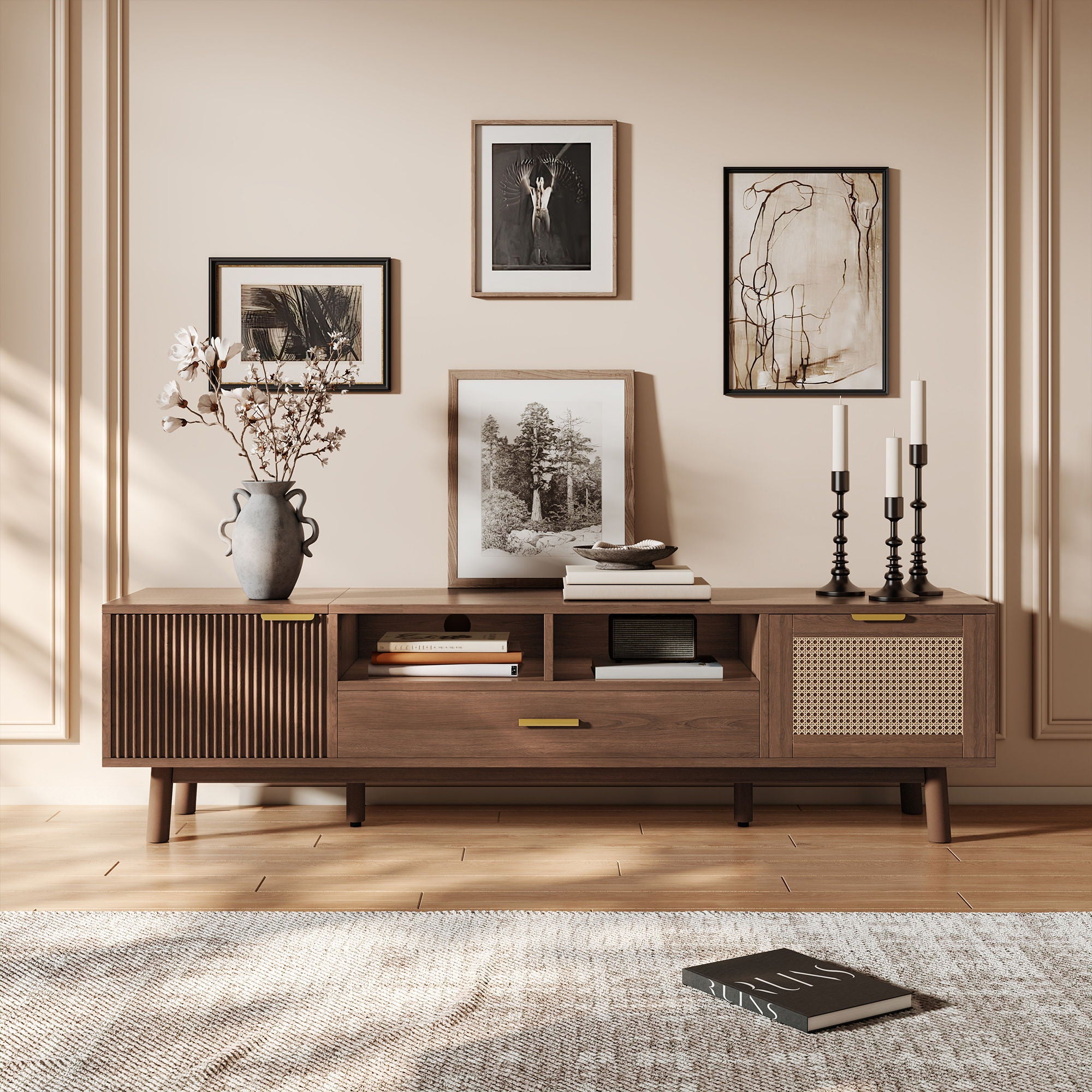 TV Stand For 75" TVs With Soft Closing Doors, Console With Accents And Drop Down Cabinet - Dark Brown