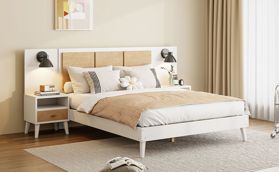 Bed Frame With 2 Nightstands Elegant Design With Lamps