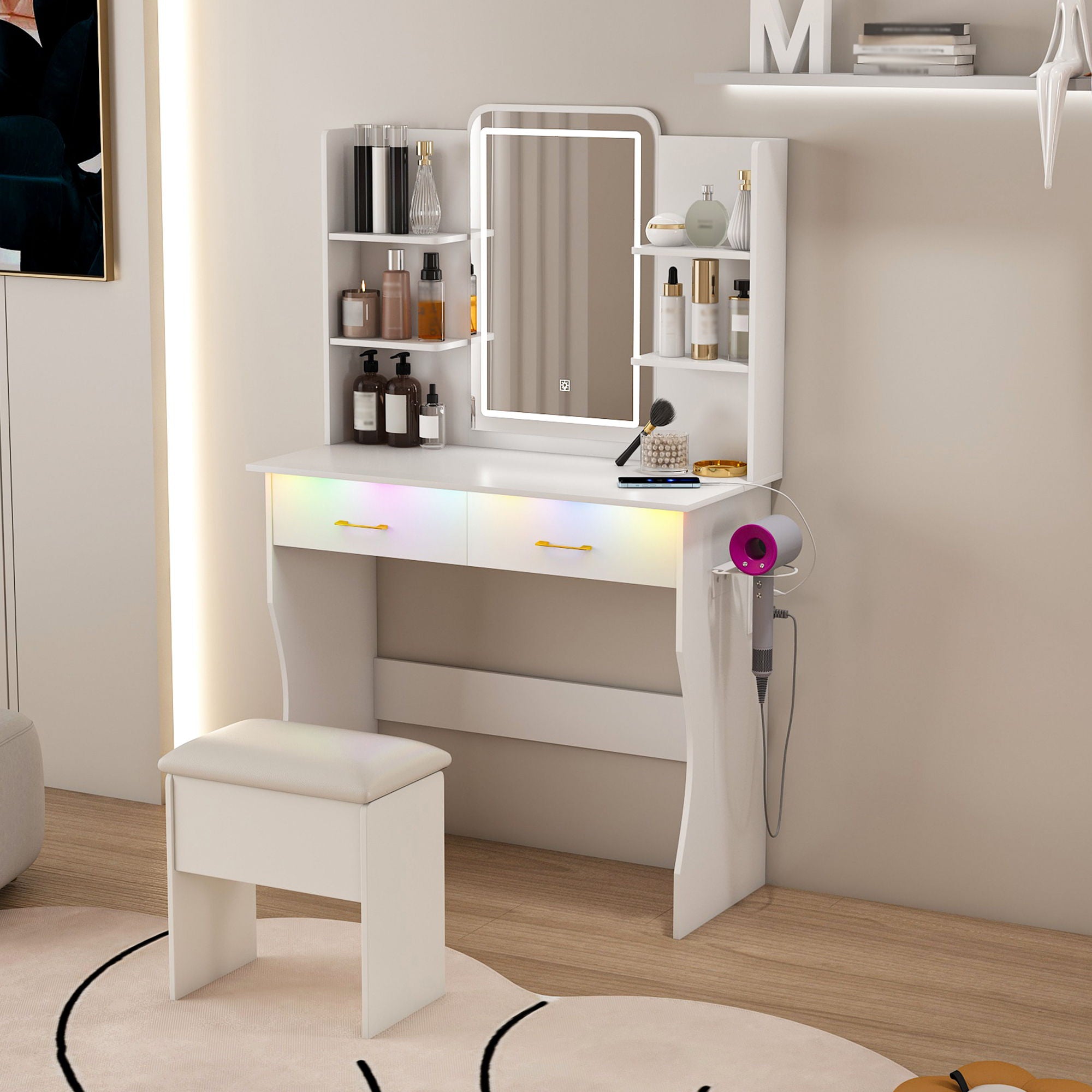 Vanity Desk With LED Lights Mirror, Power Outlet, Storage Drawers & Chair - White