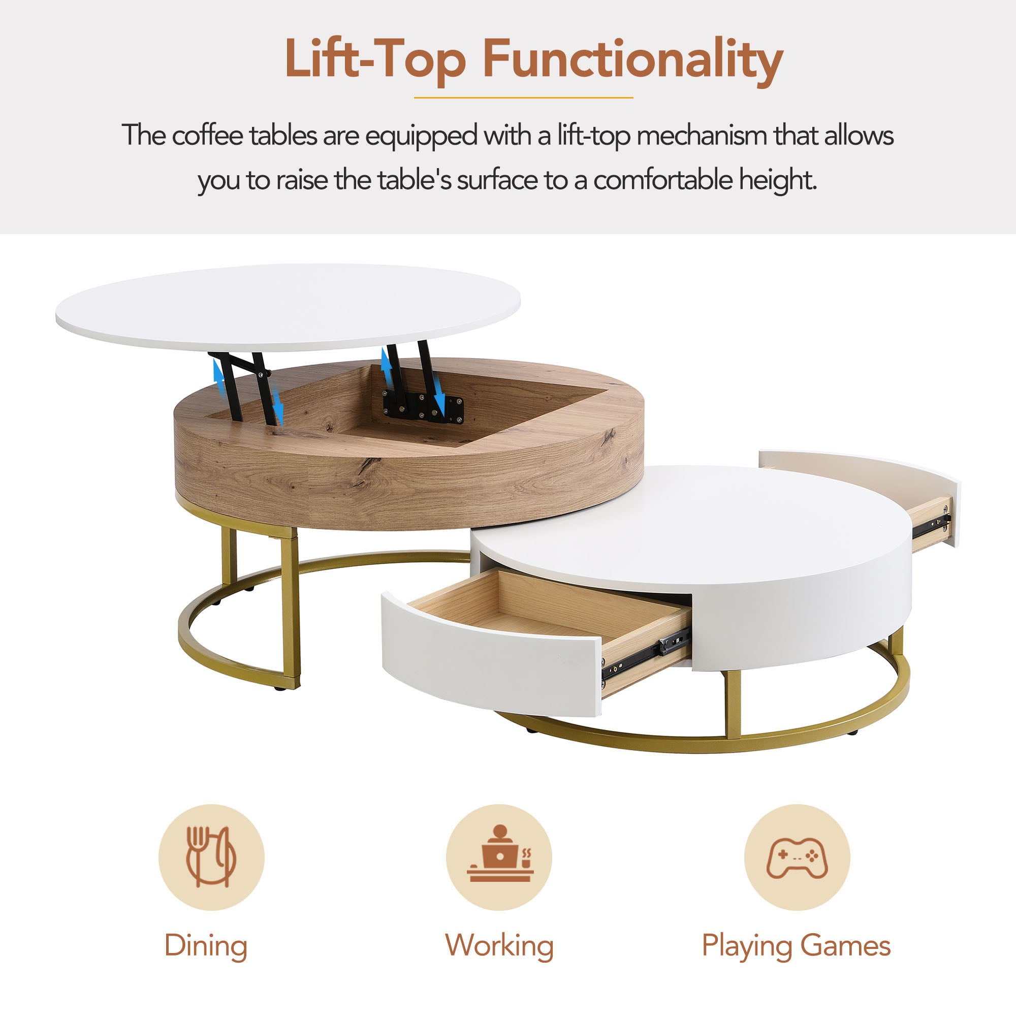 Modern Round Lift-Top Nesting Coffee Tables With 2 Drawers