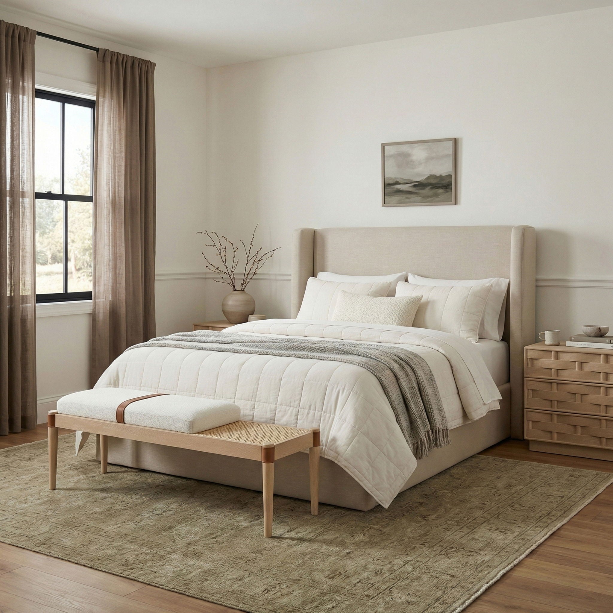 Nara - Linen Textured Fabric Upholstered Bench - Painted Natural