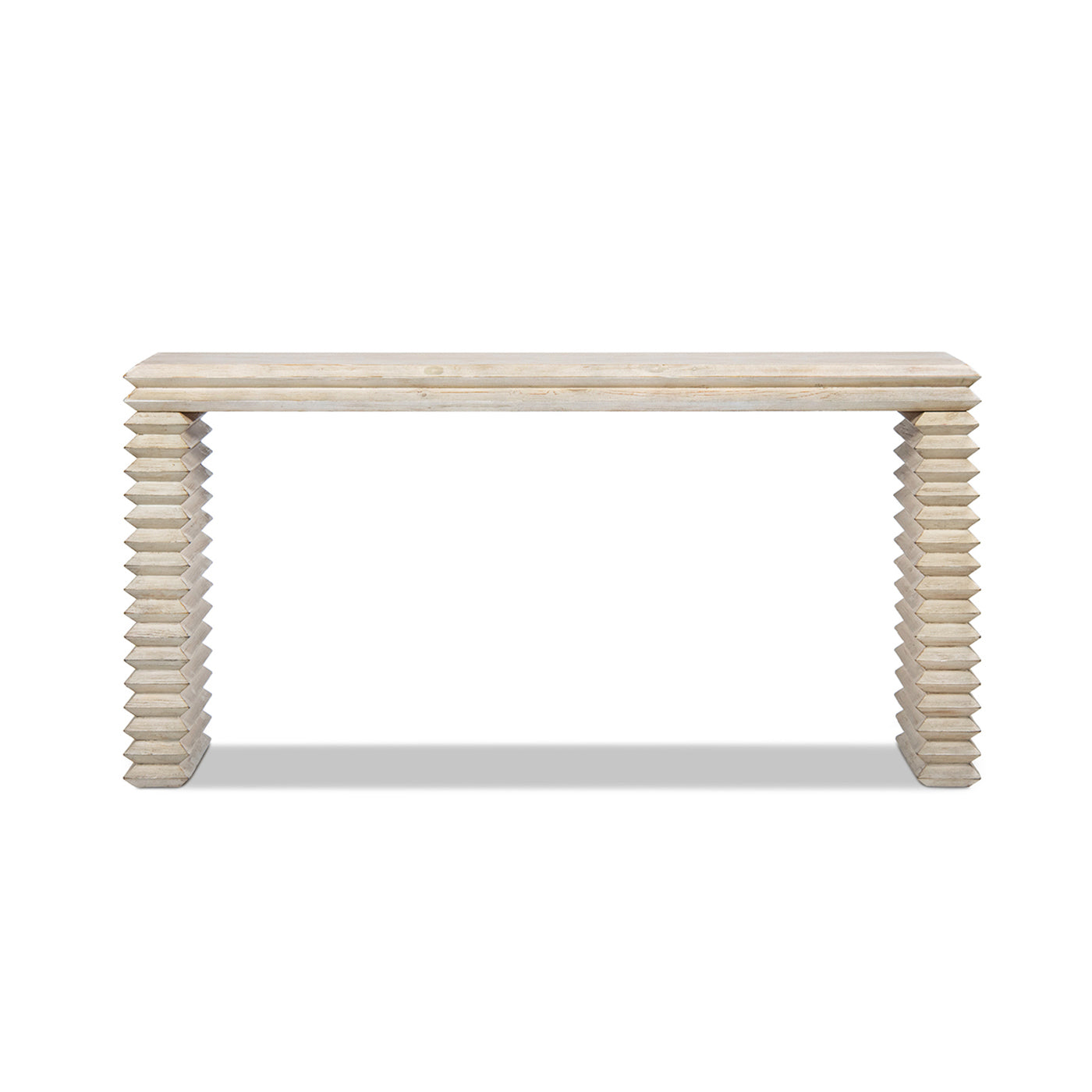 Veda 63' Reclaimed Wood Stacked Geometric Waterfall Console Table, Whitewashed Natural Reclaimed Pine Wood