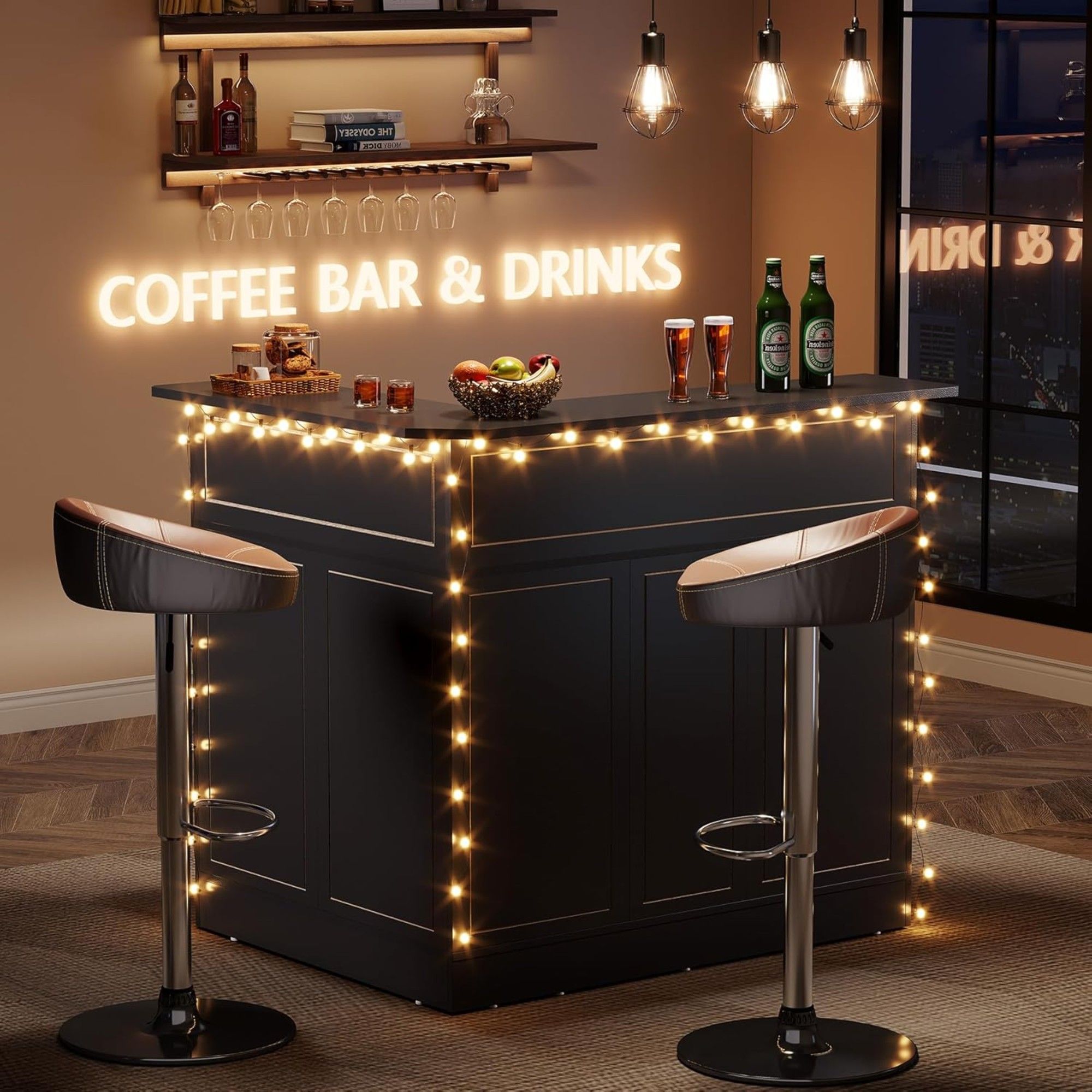 L-Shaped Home Bar Cabinet With Stemware Racks, 4 Tier Corner Unit, Liquor Wine Bar Table & Reception Desk For Home Pub - Black