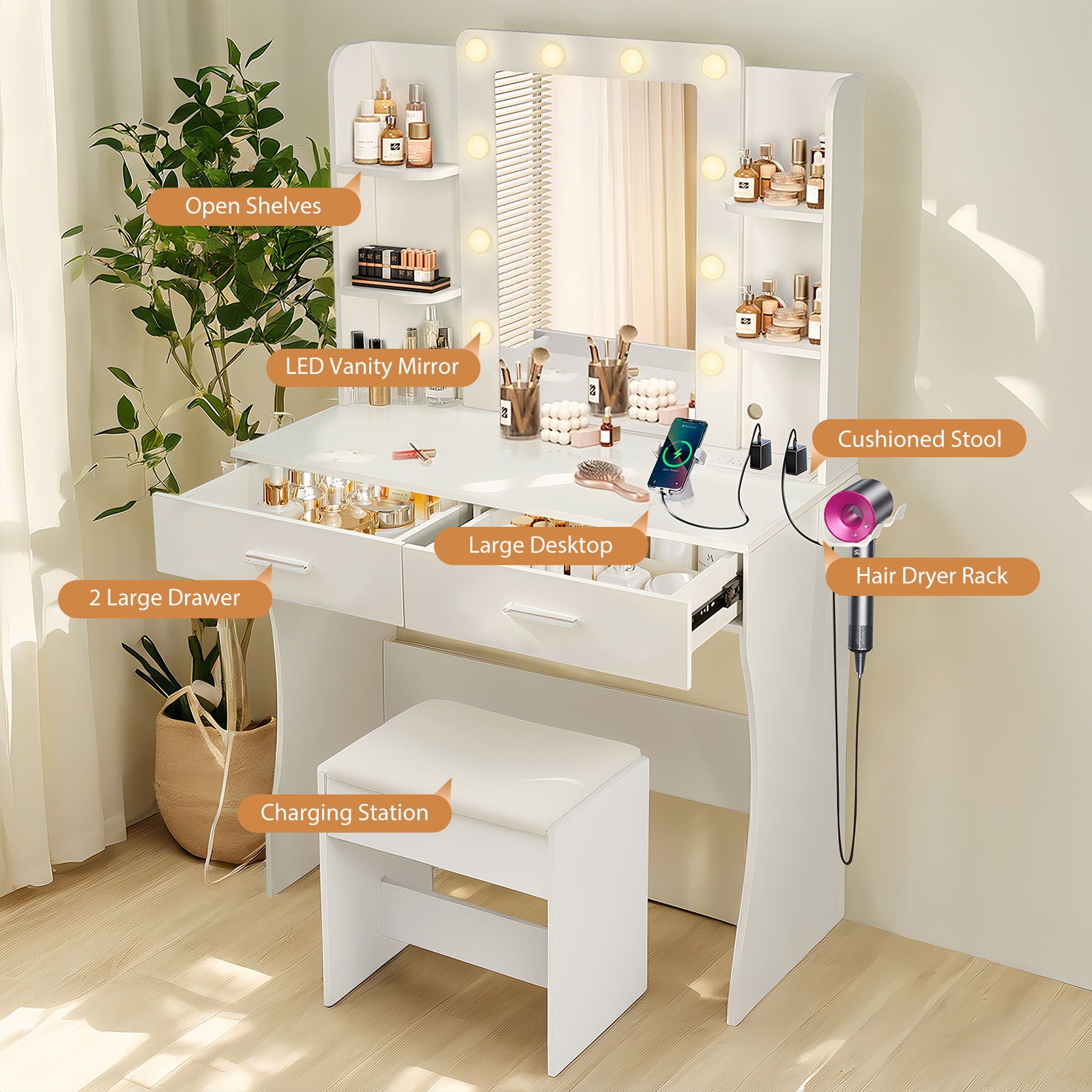 Vanity Desk Set With Mirror & Adjustable Lights Power Outlet And Hair Dryer Rack 2 Drawers And 6 Shelves Includes Cushioned Stool - White - Best Buy Furniture