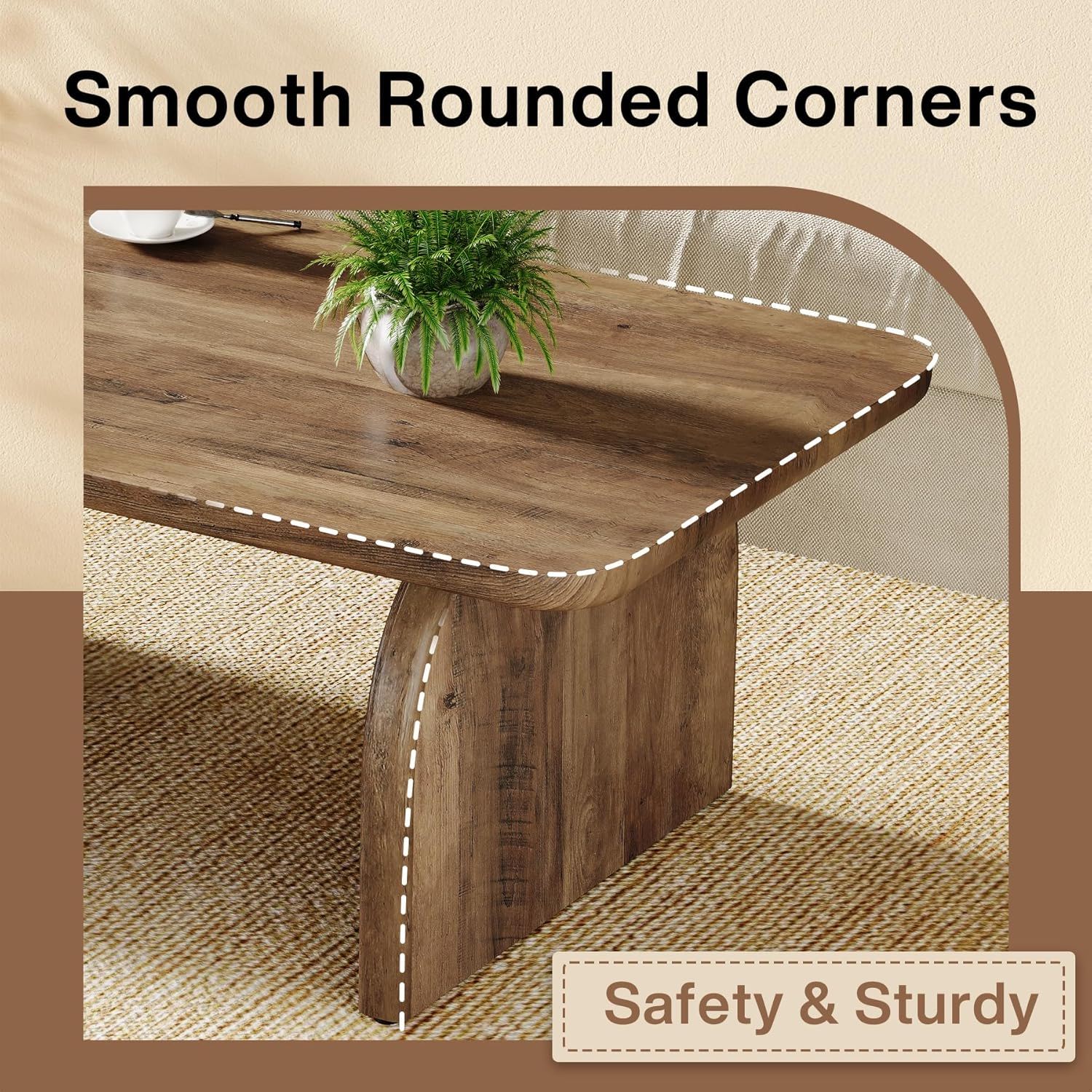 Rectangle Coffee Table With H-Base & Rounded Corners - Brown