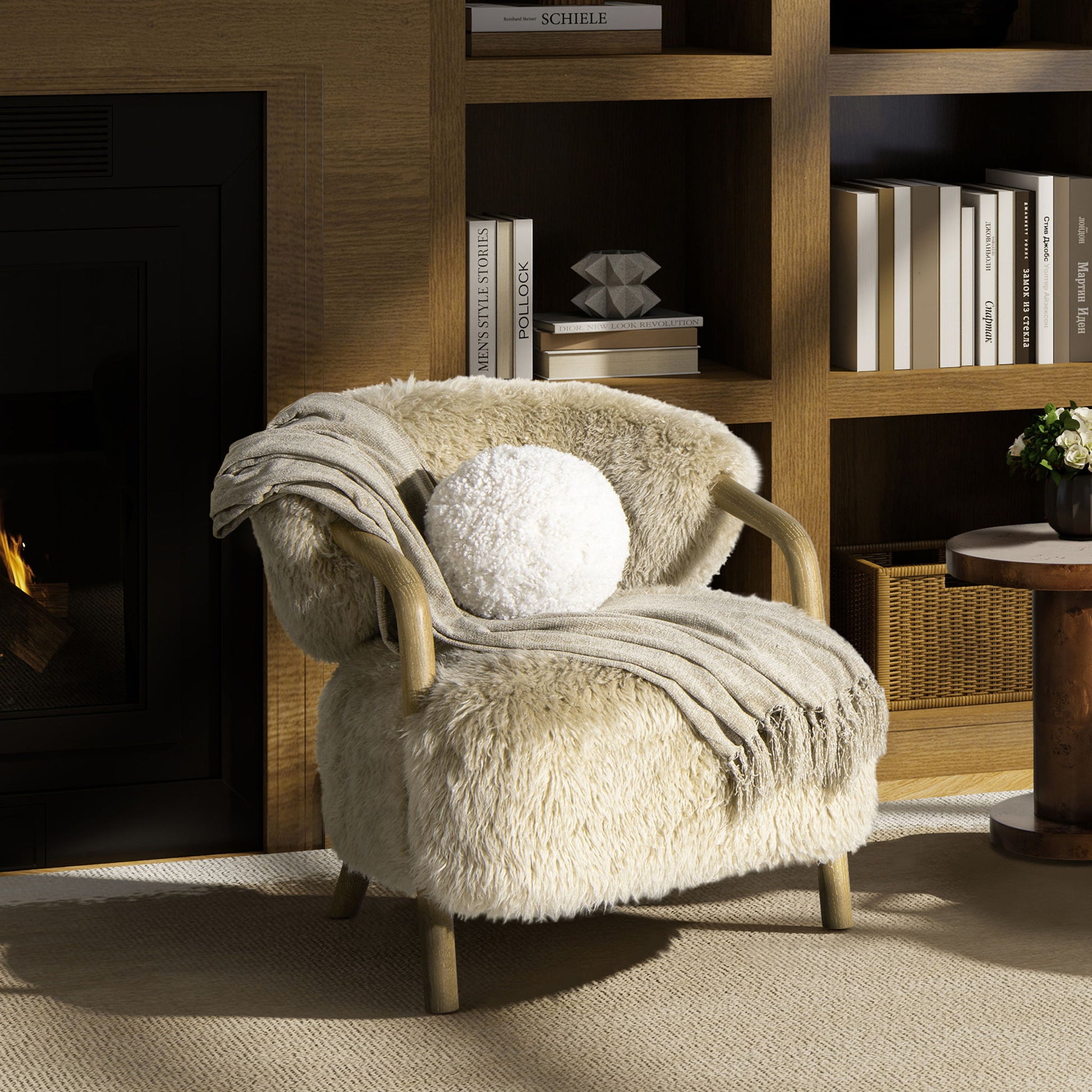 Ayla - Round Sphere Accent Ball Throw Pillow - Curly White - Best Buy Furniture