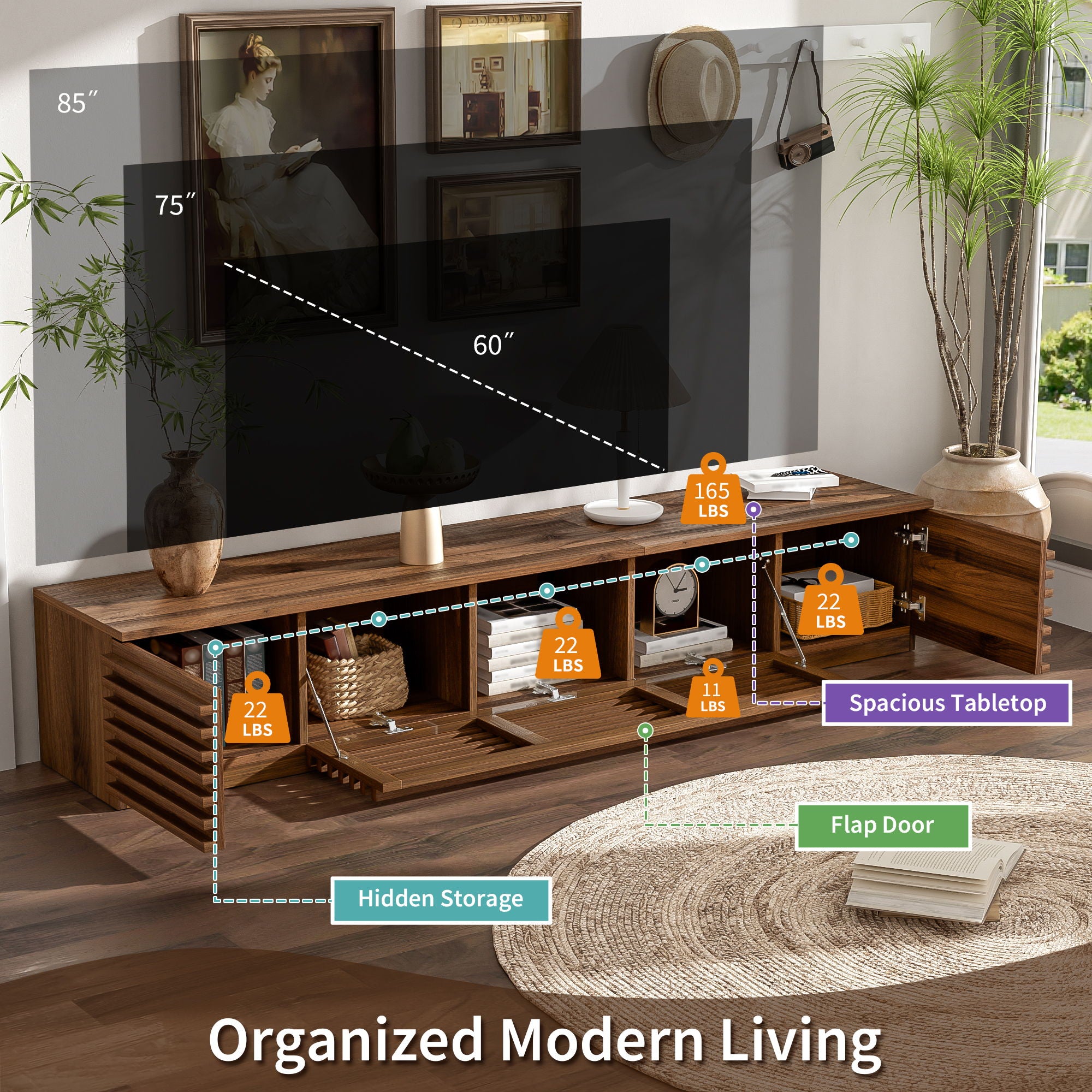 TV Stand For TVs, Entertainment Center With Cable Management And Soft Closing Hinges - Walnut