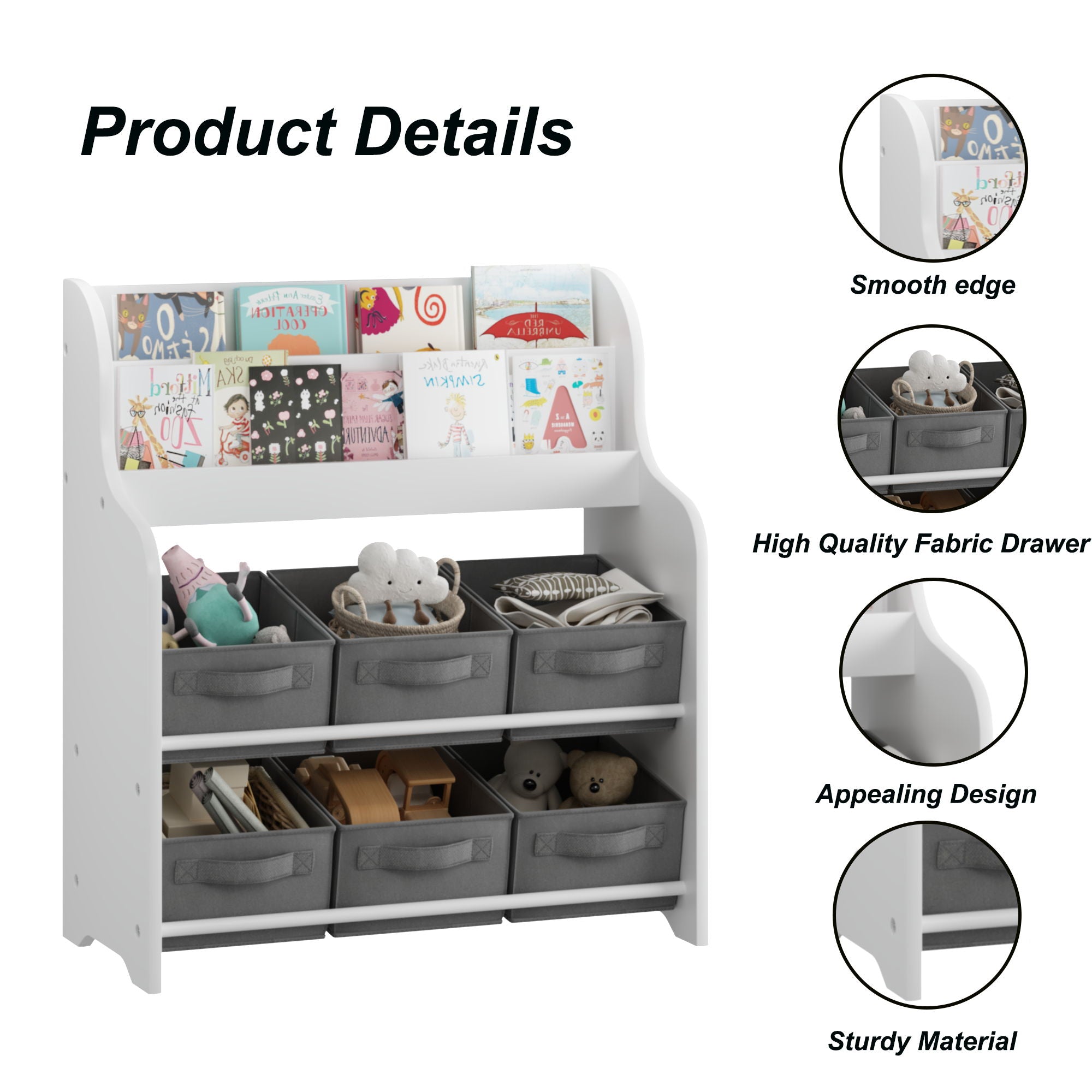 Bookshelf With 6 Storage Bins, Multi Functional Children's Bookcase And Toy Organizer - White
