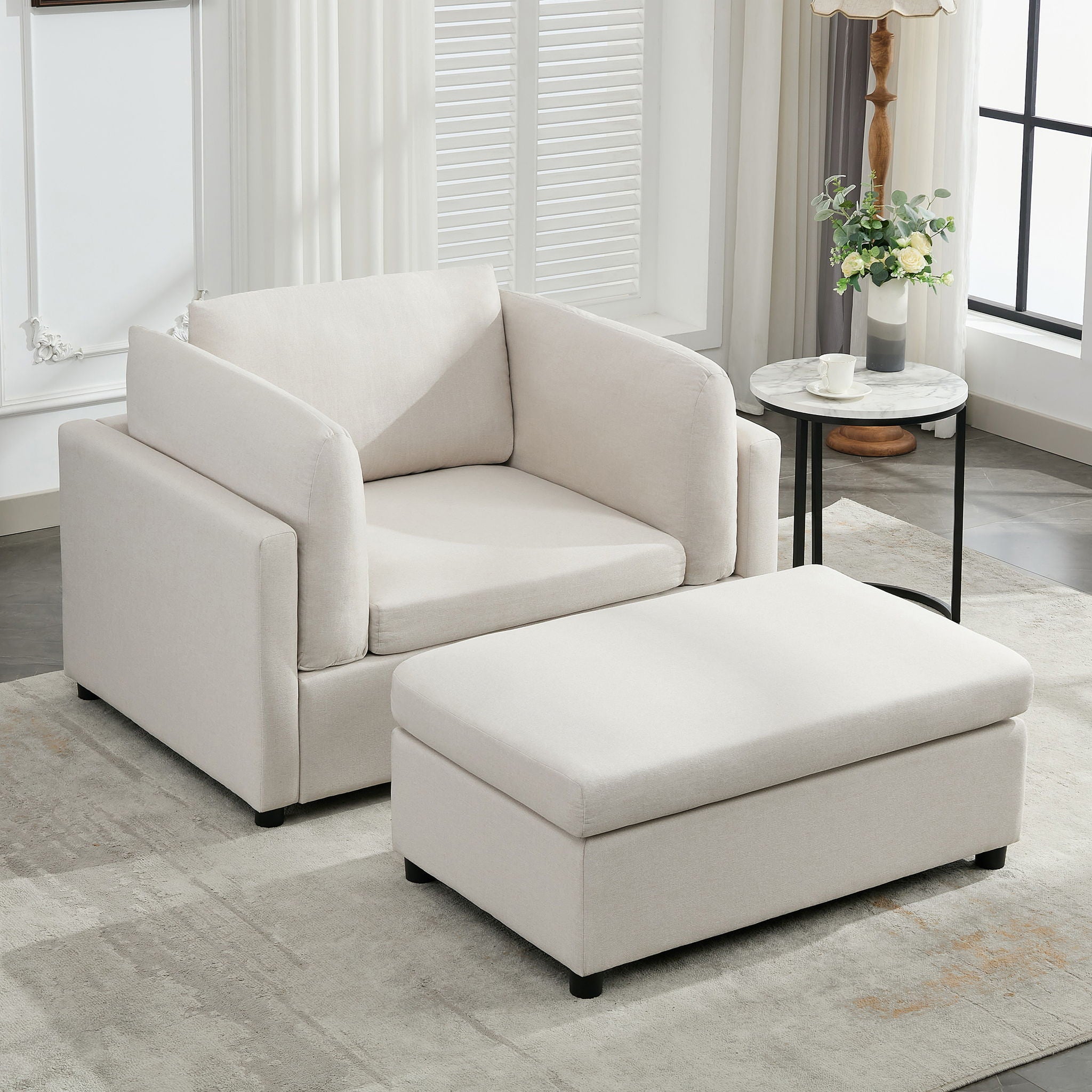 Wide Modern Oversized Armchair With Ottoman Stool, Single Sofa With Lumbar Support, Accent Chair