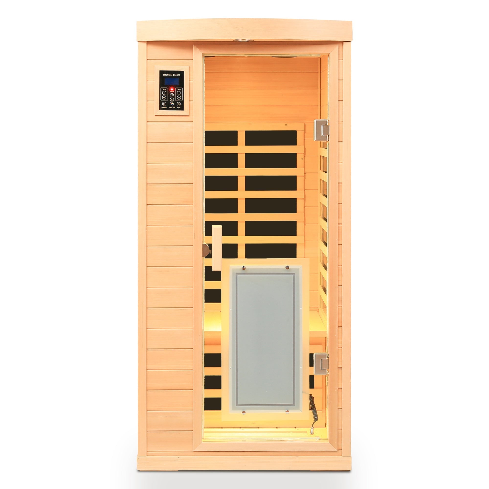 Low EMF, There is also a heating plate on the glass door, Hemlock wood Far-infrared indoor One person sauna room