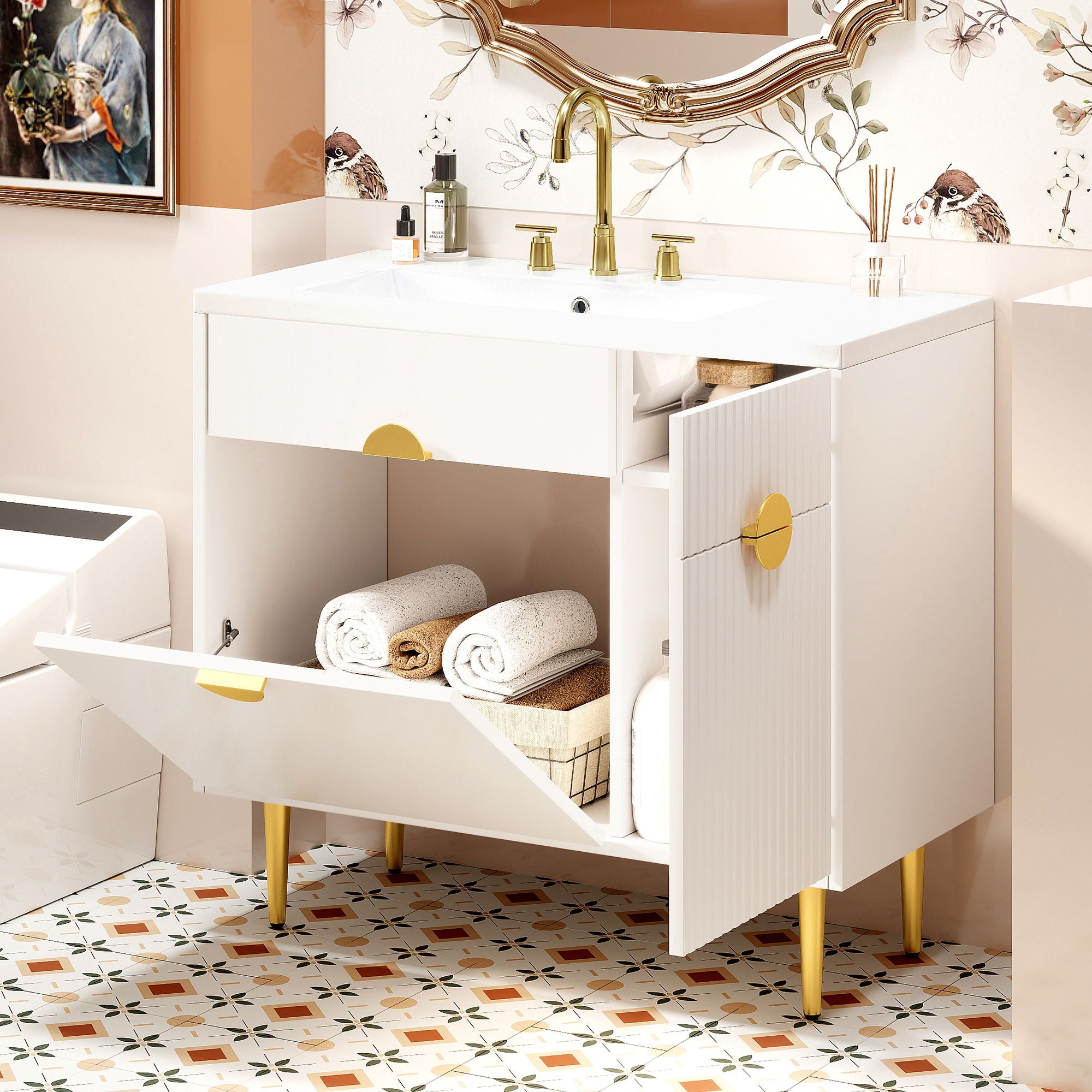 Bathroom Vanity With Sink, Storage Cabinet Soft Closing Door And Drop Down Compartment - White