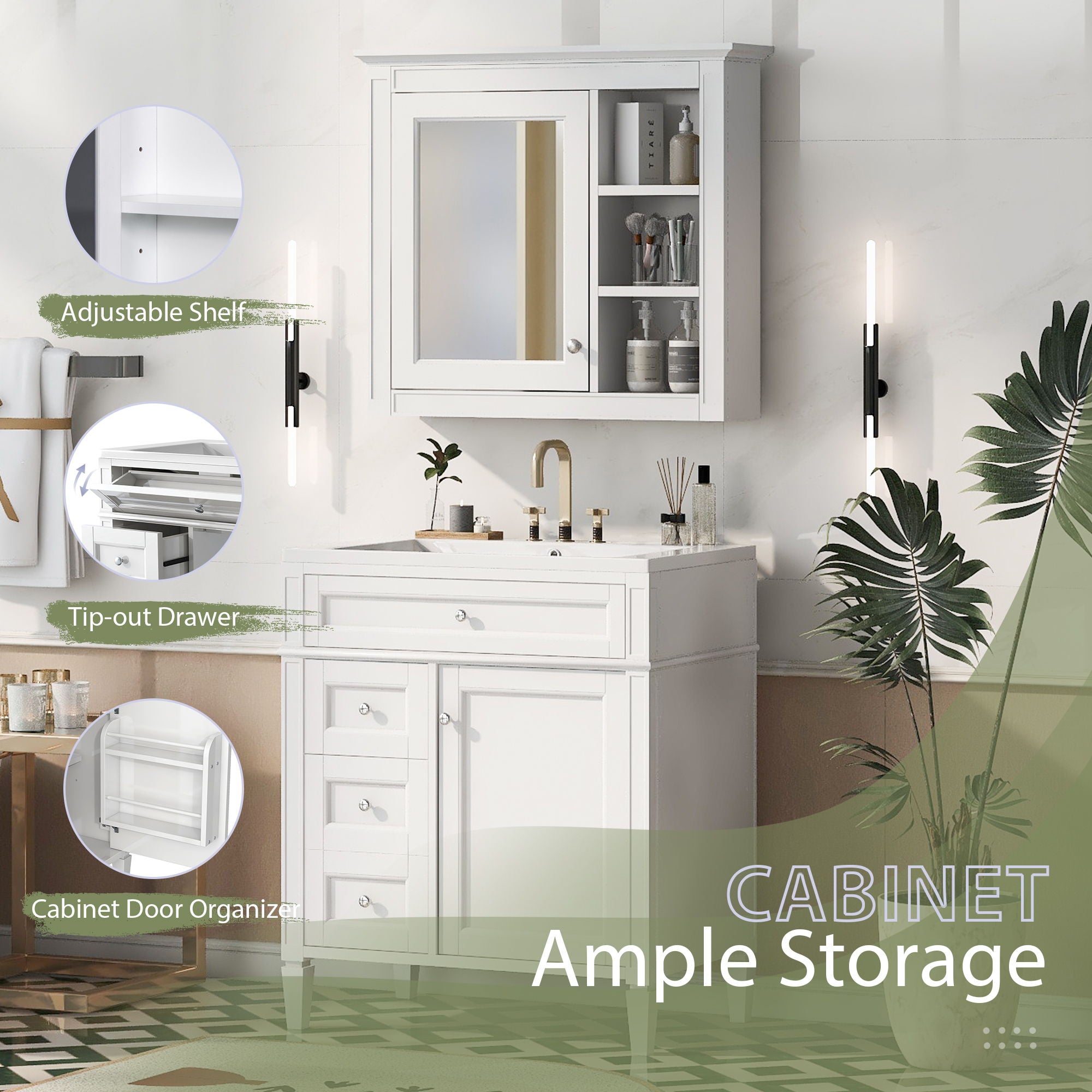 Bathroom Vanity With Medicine Cabinet, Royal Blue Mirror Cabinet, Modern Bathroom Storage Cabinet With 2 Soft Closing Doors And 4 Drawers