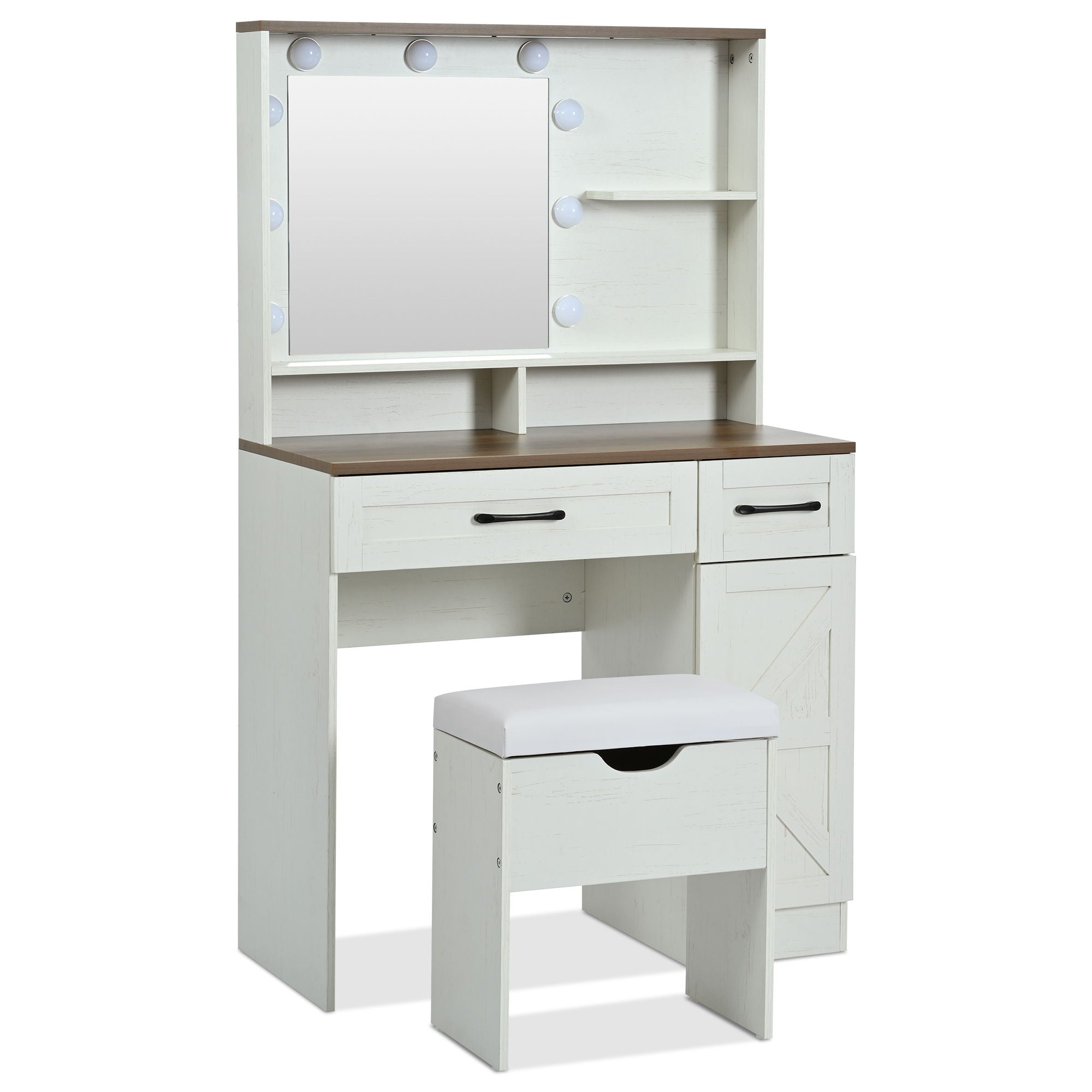Farmhouse Makeup Vanity Desk With Mirror And Lights, 3 Lighting Modes, Vanity Set With Stool, Dressing Table With Adjustable Shelves, 2 Drawers And Side Cabinet For Bedroom - White - Best Buy Furniture