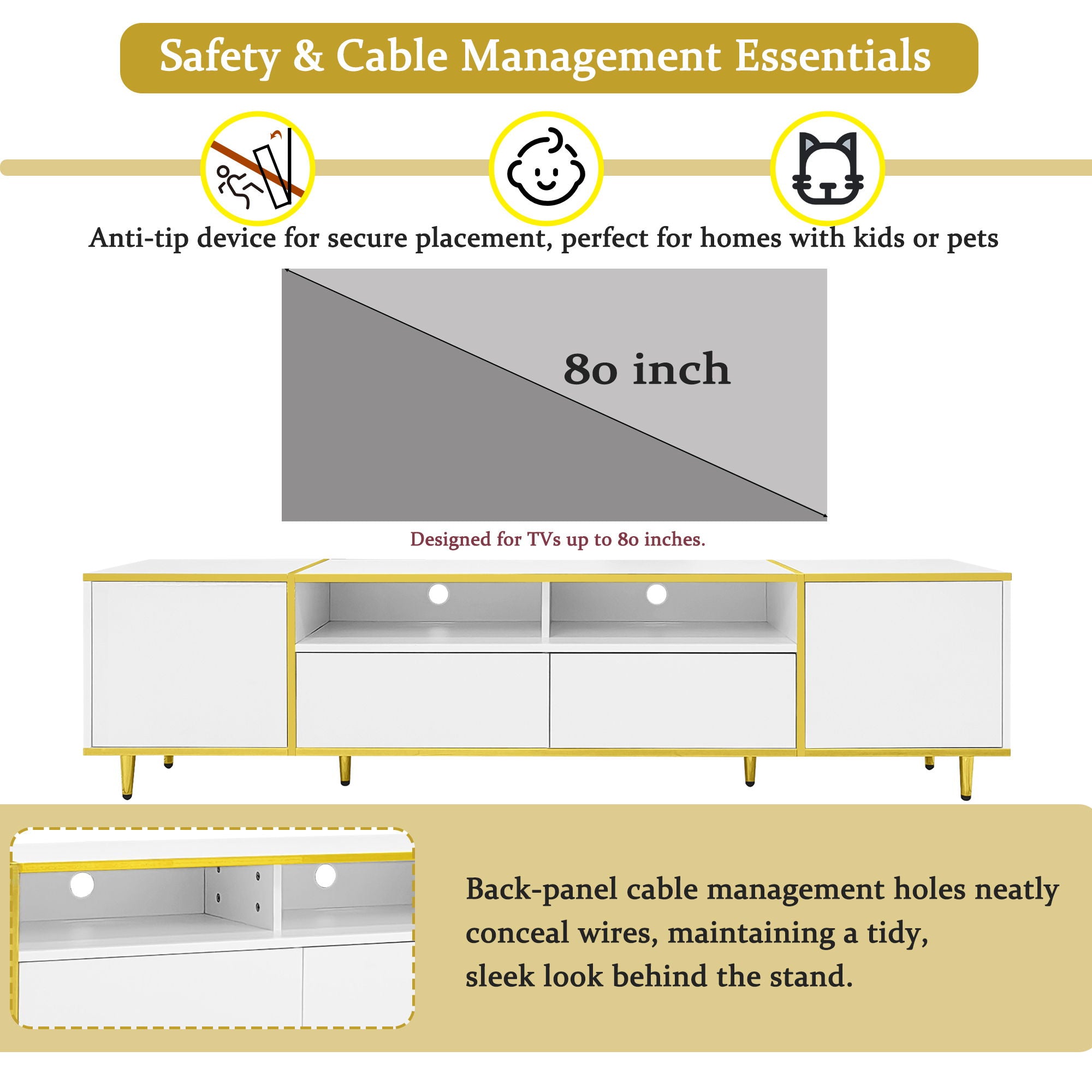 TV Stand For TVs Up To 80", Entertainment Center With 2 Shelves And LED Lights