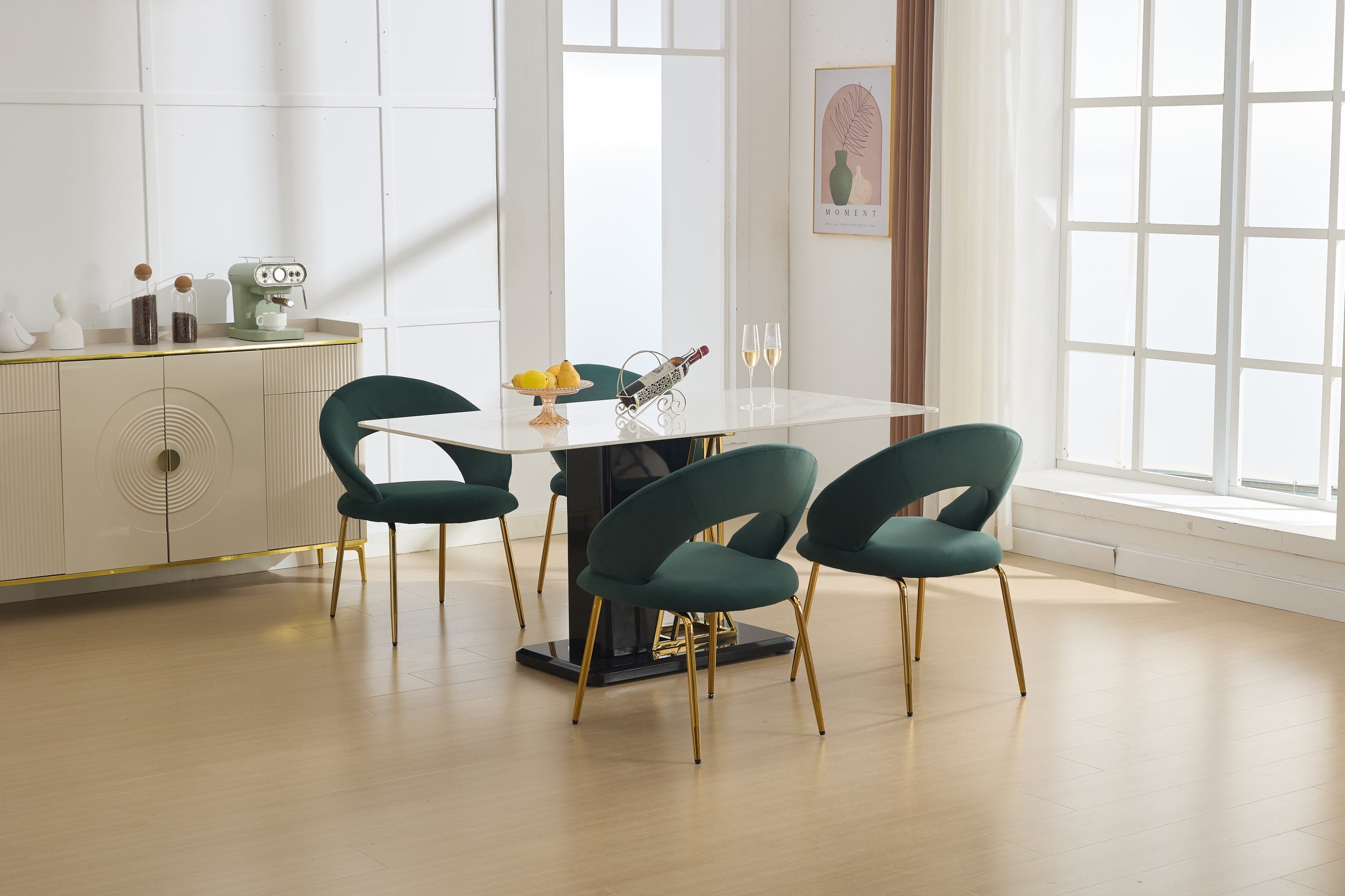 Velvet Fabric Dining Chair with Curved Backrest and Golden Metal Legs